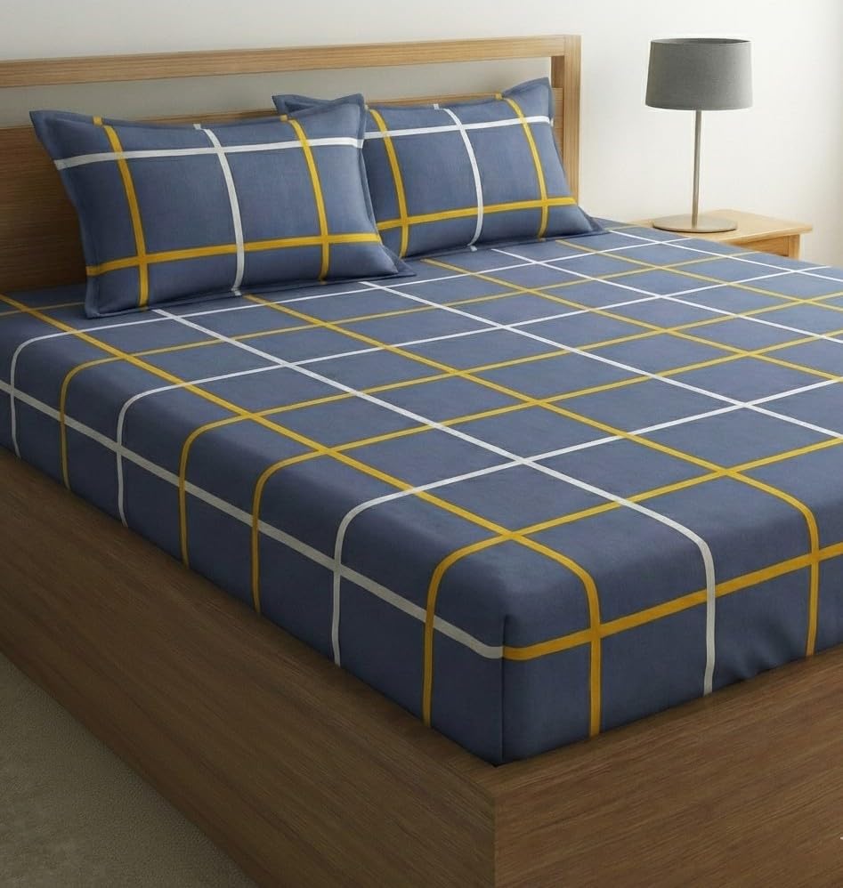 Home Sizzler 210 Tc Microfibre Gingham Check Double Fitted Bedsheet (72X78 Inch) With 2 King Size Pillow Covers