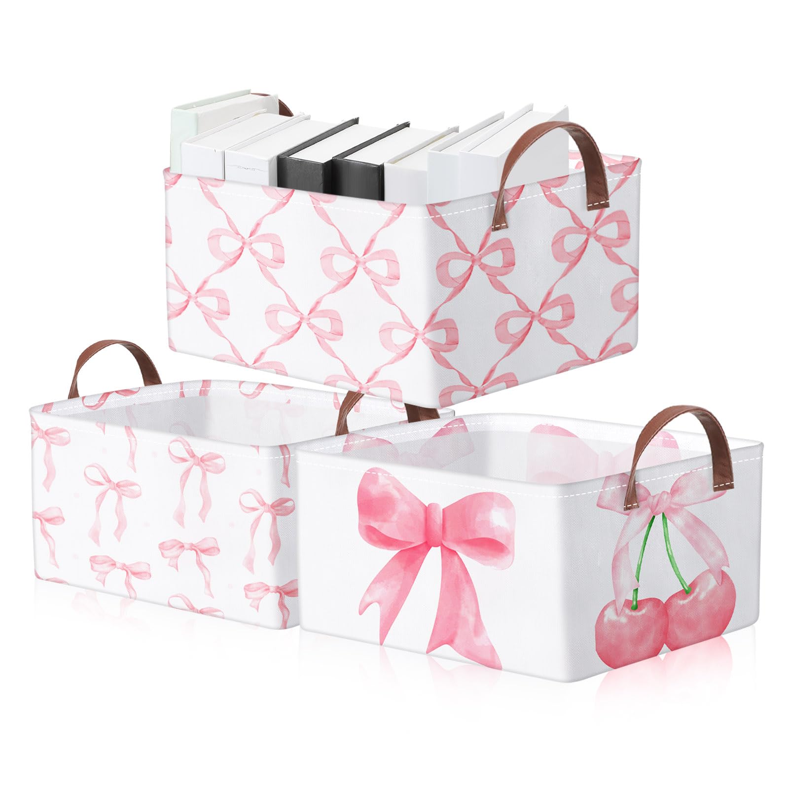 Boao 3 Pcs Coquette Pink Bow Storage Bin Collapsible Large Storage Baskets for Gifts Empty Candy Holiday Decor Canvas Laundry Ba