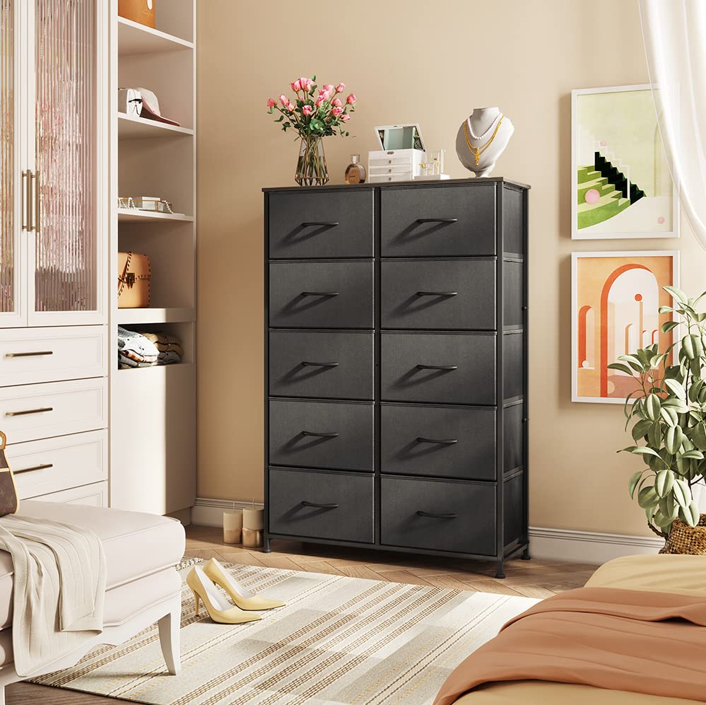 Wlive 10-Drawer Dresser, Fabric Storage Tower For Bedroom, Hallway, Nursery, Closets, Tall Chest Organizer Unit With Textured Print Fabric Bins, Steel Frame, Wood Top, Easy Pull Handle, Charcoal Black