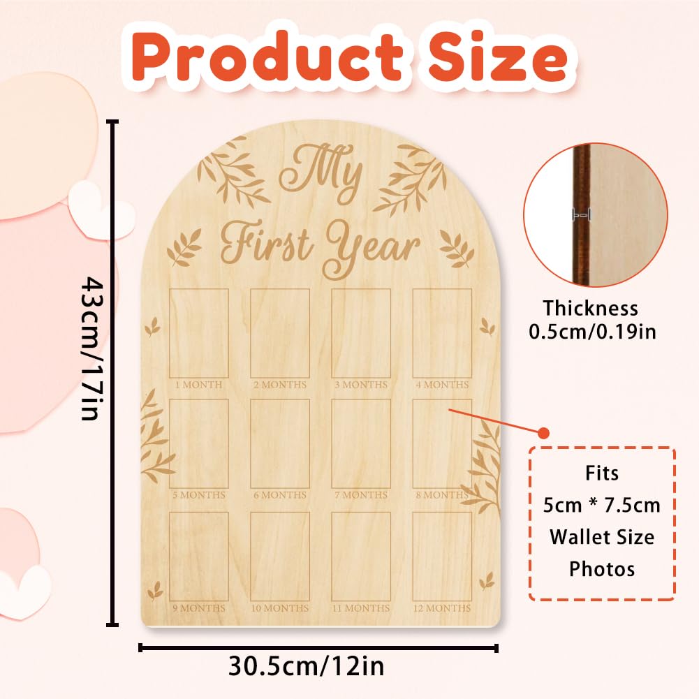 Origach My First Year Baby Growth Photo Display Wood Board - 12 Months Newborn Milestones Picture Frame - Neutral Baby Keepsake