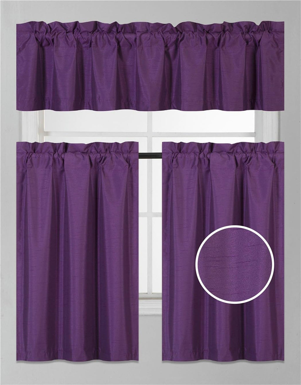 3Pc Set Solid Faux Silk Lined Blackout Rod Pocket Small Kitchen Window Curtain With Valance (K3) (Purple)