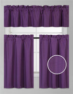 3Pc Set Solid Faux Silk Lined Blackout Rod Pocket Small Kitchen Window Curtain With Valance (K3) (Purple)