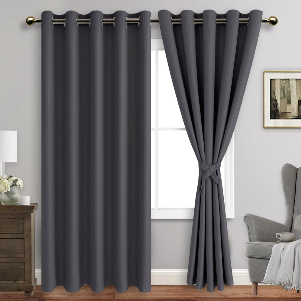 Jiuzhen Dark Grey Blackout Curtains With Tiebacks Thermal Insulated, Light Blocking And Noise Reducing Grommet Curtains For Bedroom And Living Room, Set Of 2 Window Curtain Panels, 60 X 84 Inch Length