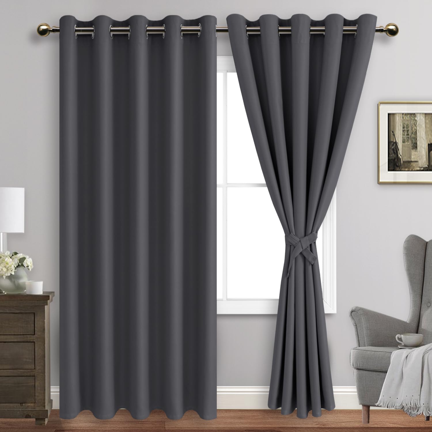 Jiuzhen Dark Grey Blackout Curtains With Tiebacks Thermal Insulated, Light Blocking And Noise Reducing Grommet Curtains For Bedroom And Living Room, Set Of 2 Window Curtain Panels, 60 X 84 Inch Length