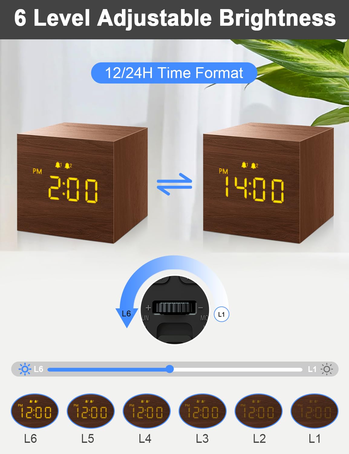 Jall Digital Alarm Clock, With Wooden Electronic Led Time Display, 3 Alarm, 2.5-Inch Cubic Small Mini Wood Made Electric Clocks
