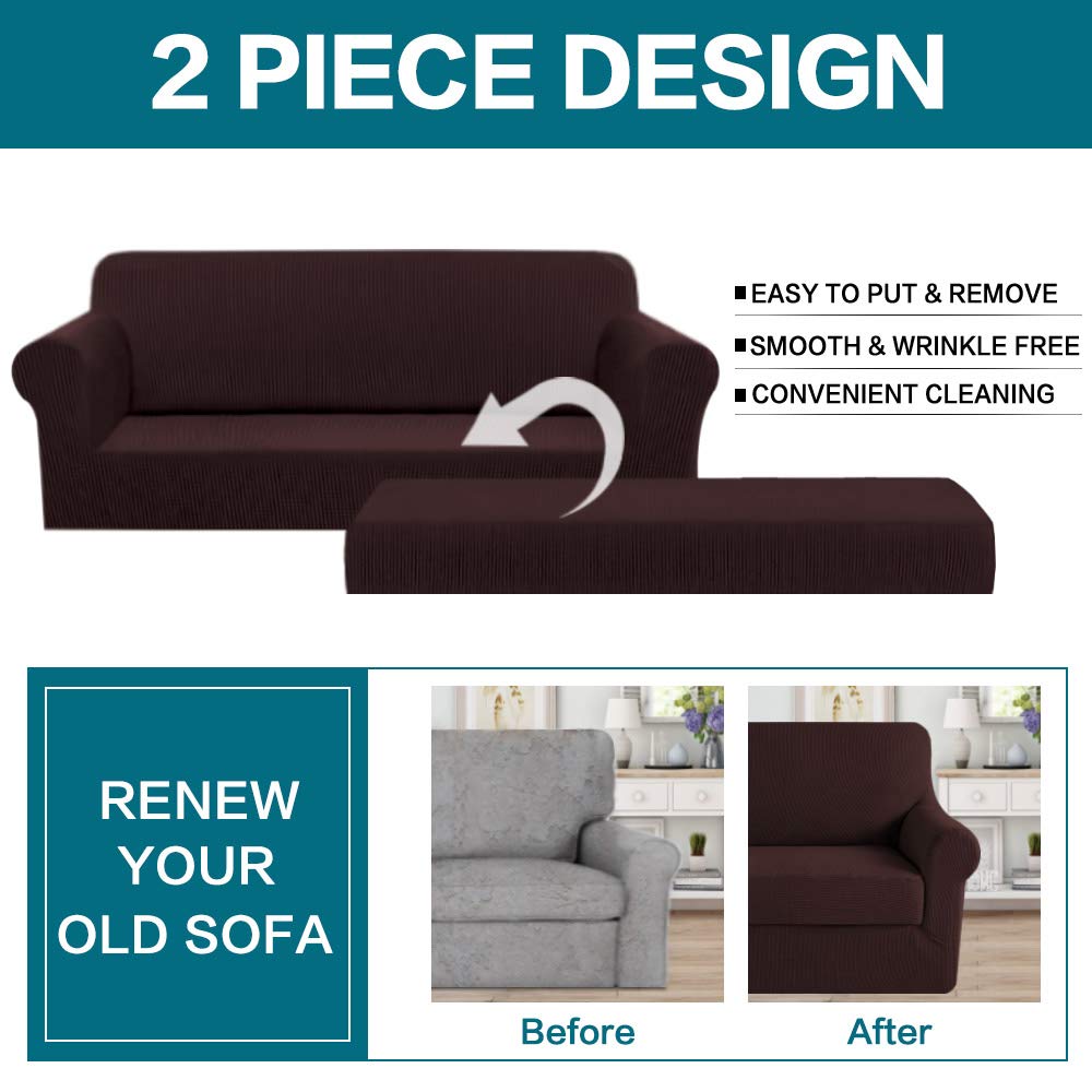 Turquoize Stretch Sofa Slipcover 2 Pieces Sofa Cover Couch Cover For 3 Cushion Couch Washable Furniture Protector Covers With Elastic Bottom Feature Thick Jacquard Fabric (Sofa, Brown)