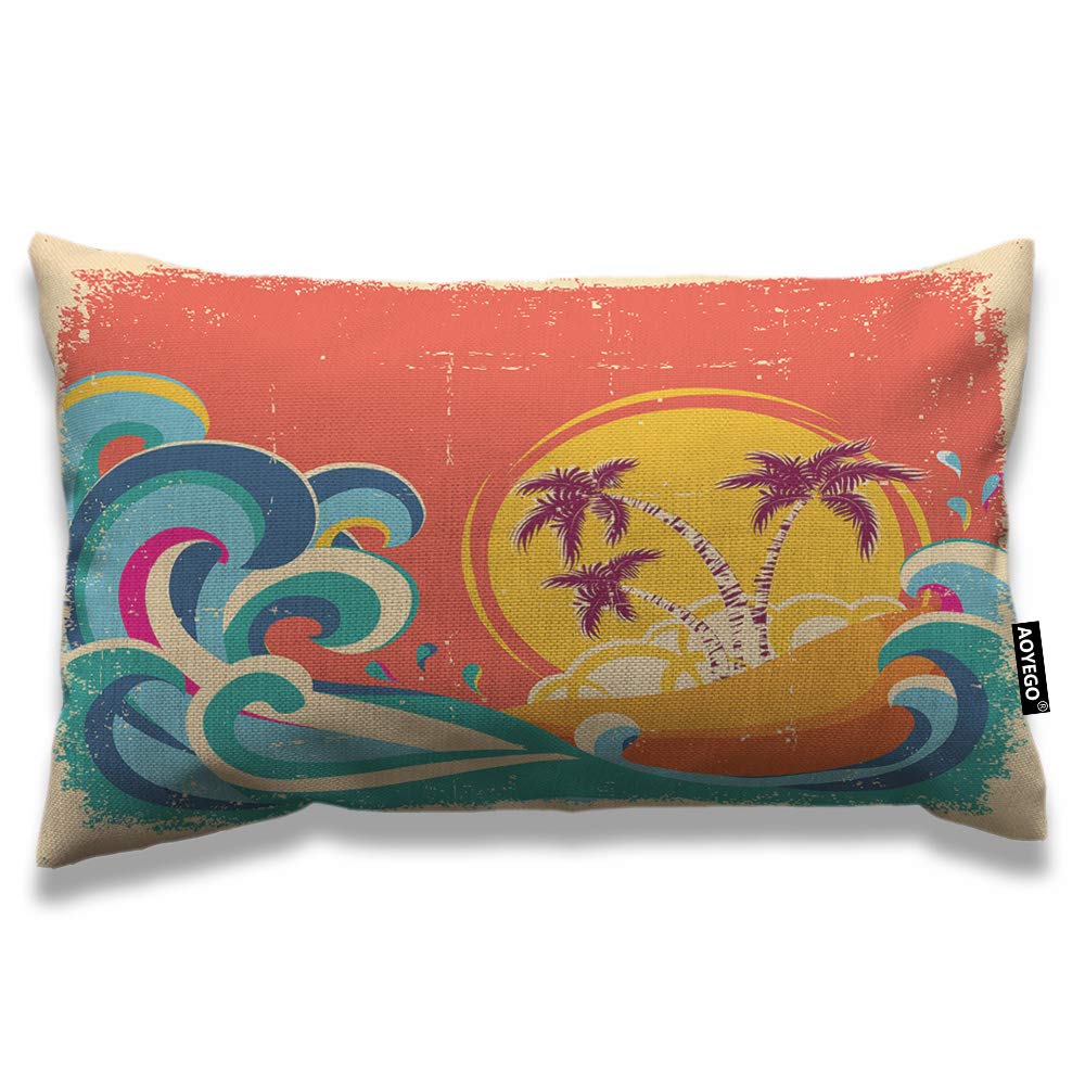 Aoyego Hawaii Beach Throw Pillow Cover 12X20 Inch Vintage Palm Tree Sun Tropical Island Giant Wave Rectangle Pillow Cases Home D