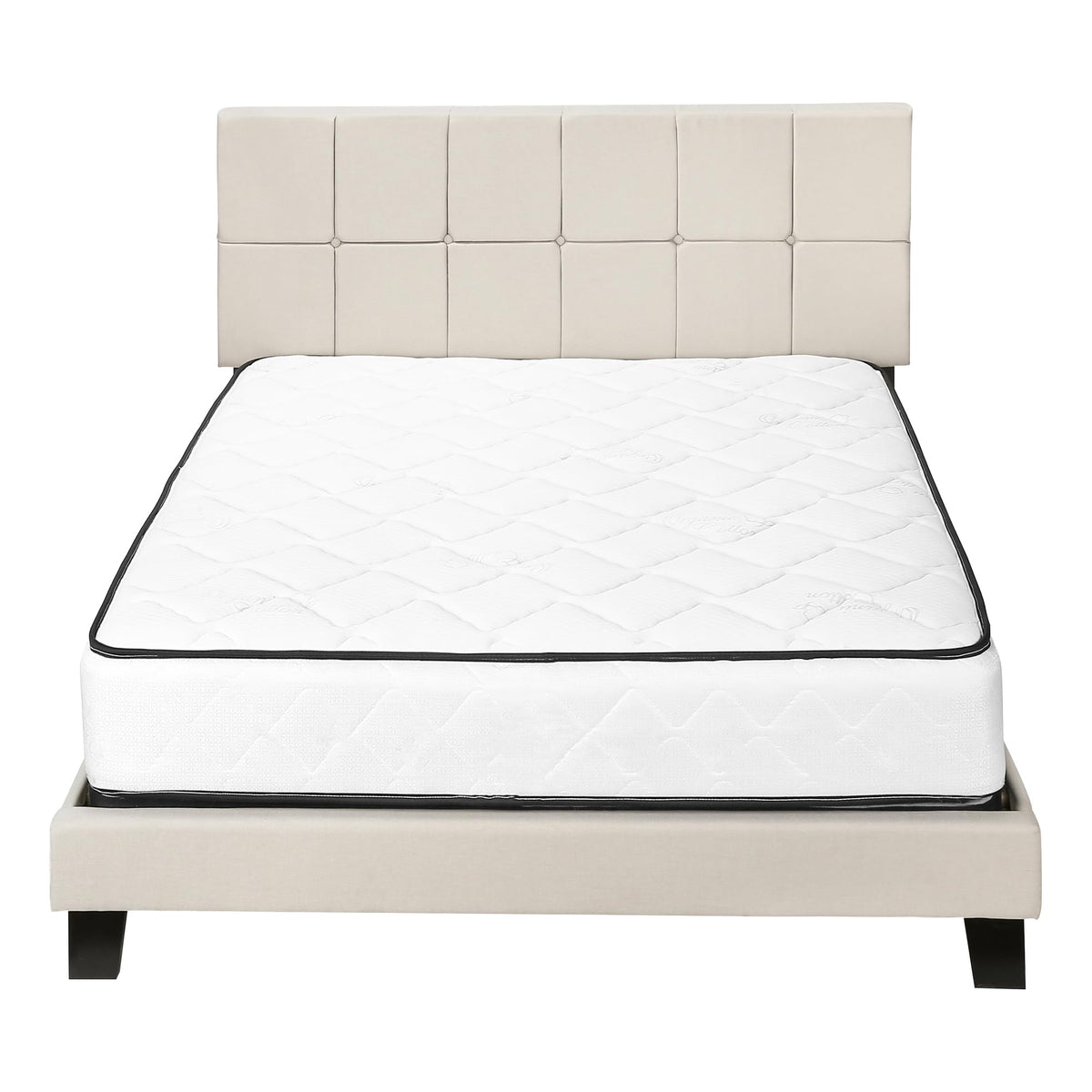 Monarch Specialties I 5605Q Bed, Queen Size, Platform, Bedroom, Frame, Upholstered, Linen Look, Wood Legs, Beige, Black, Transitional