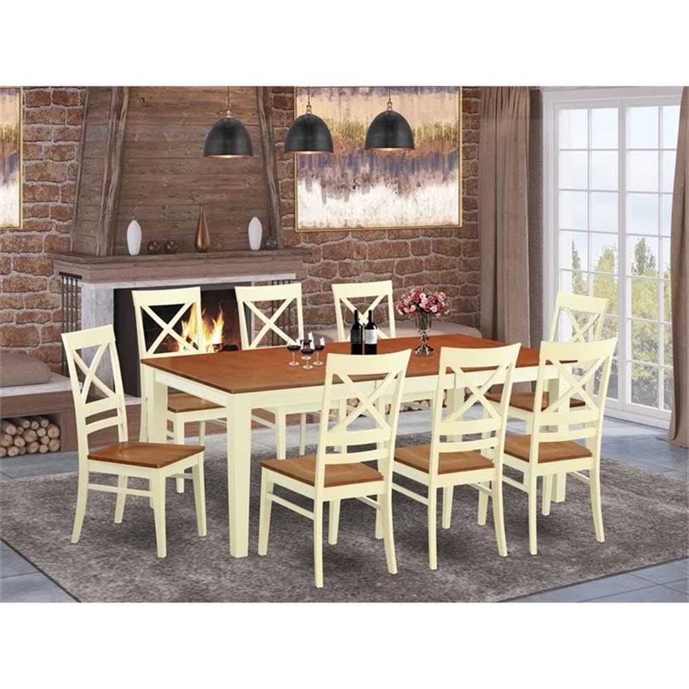 East West Furniture QUIN9-WHI-W 9 Piece Dining Table Set Includes a Rectangle Dinner Table with Butterfly Leaf and 8 Dining Room Chairs, 40x78 Inch, Buttermilk & Cherry