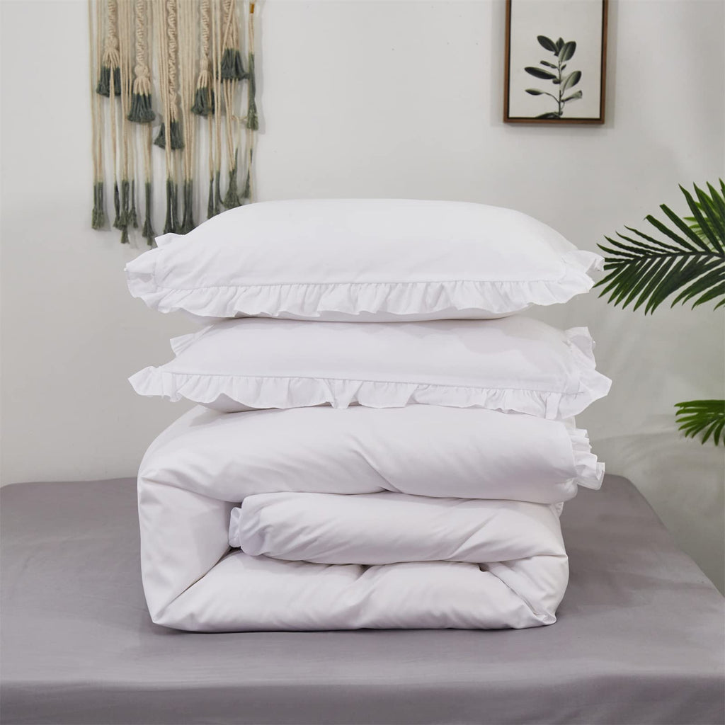 Luxlovery White Ruffle Comforter Set Full Farmhouse Boho Bedding Comforter Set Plain White Shabby Chic Solid Cotton Blanket Quil
