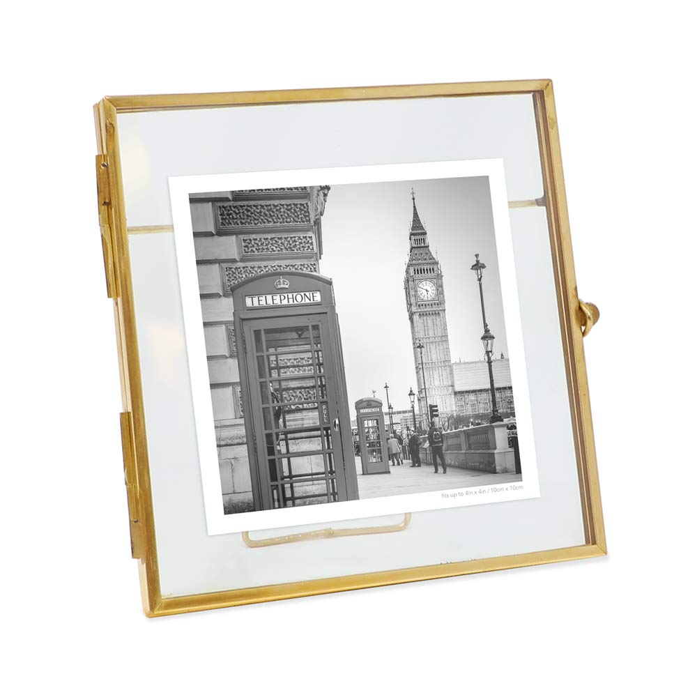 Isaac Jacobs 4x4, Antique Gold, Vintage Style Brass and Glass, Metal, Floating Desk Photo Frame, with Locket Bead Clasp Closure 