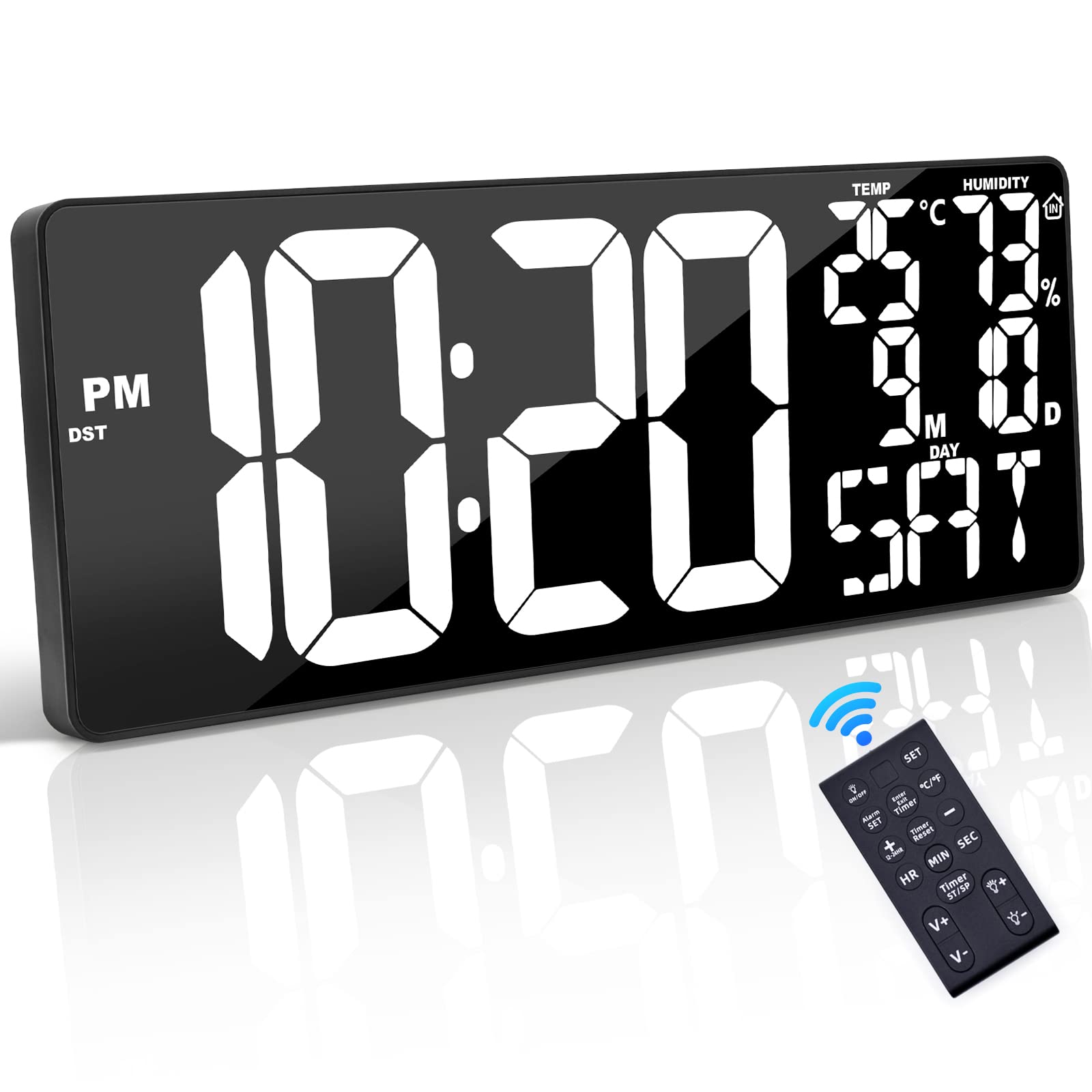 Xflyee 18 Inch Oversized Digital Wall Clock with Remote Control, Auto-Dimming, Temperature, Date/Day of Week, Large Display, Mul