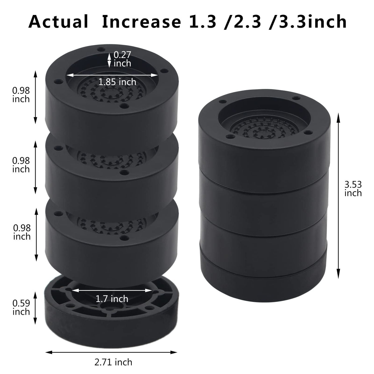 Hanihua 4 Sets Black Round Furniture Risers, Heavy Duty Bed Risers Lifts Height 1'', 2'', 3 Inch, Adjustable Bed Lifts Risers Fo