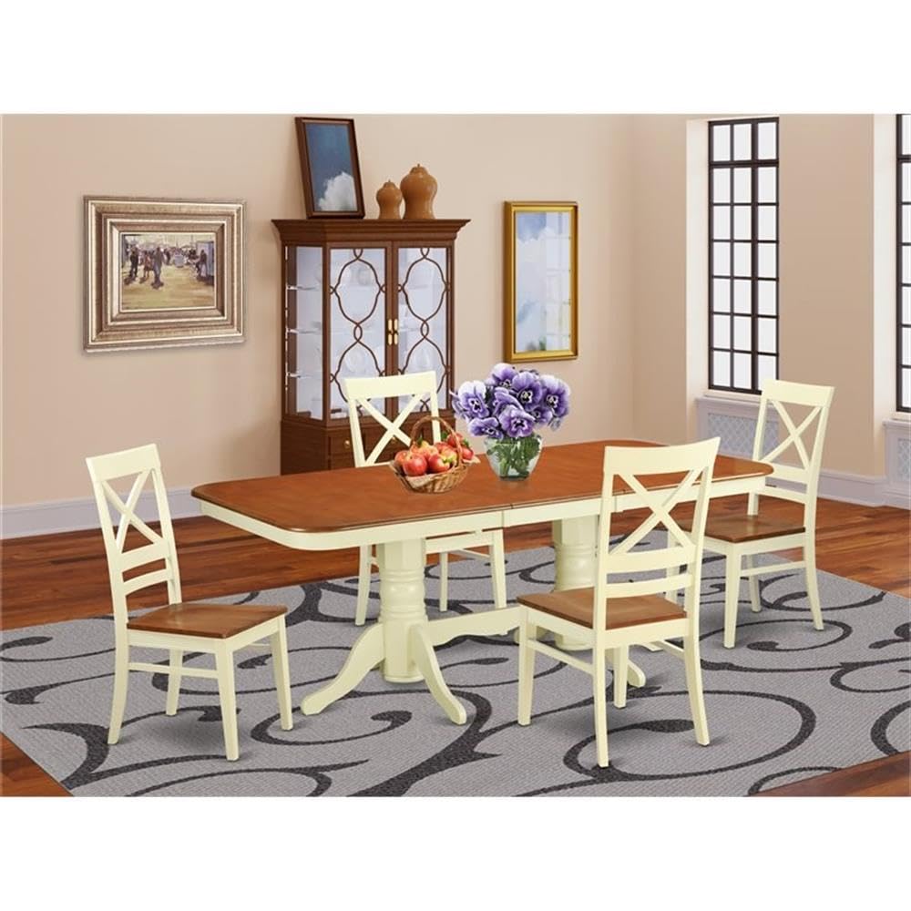 East West Furniture NAQU5-WHI-W 5 Piece Kitchen Table Set for 4 Includes a Rectangle Dining Room Table with Butterfly Leaf and 4 Solid Wood Seat Chairs, 40x78 Inch, Buttermilk & Cherry