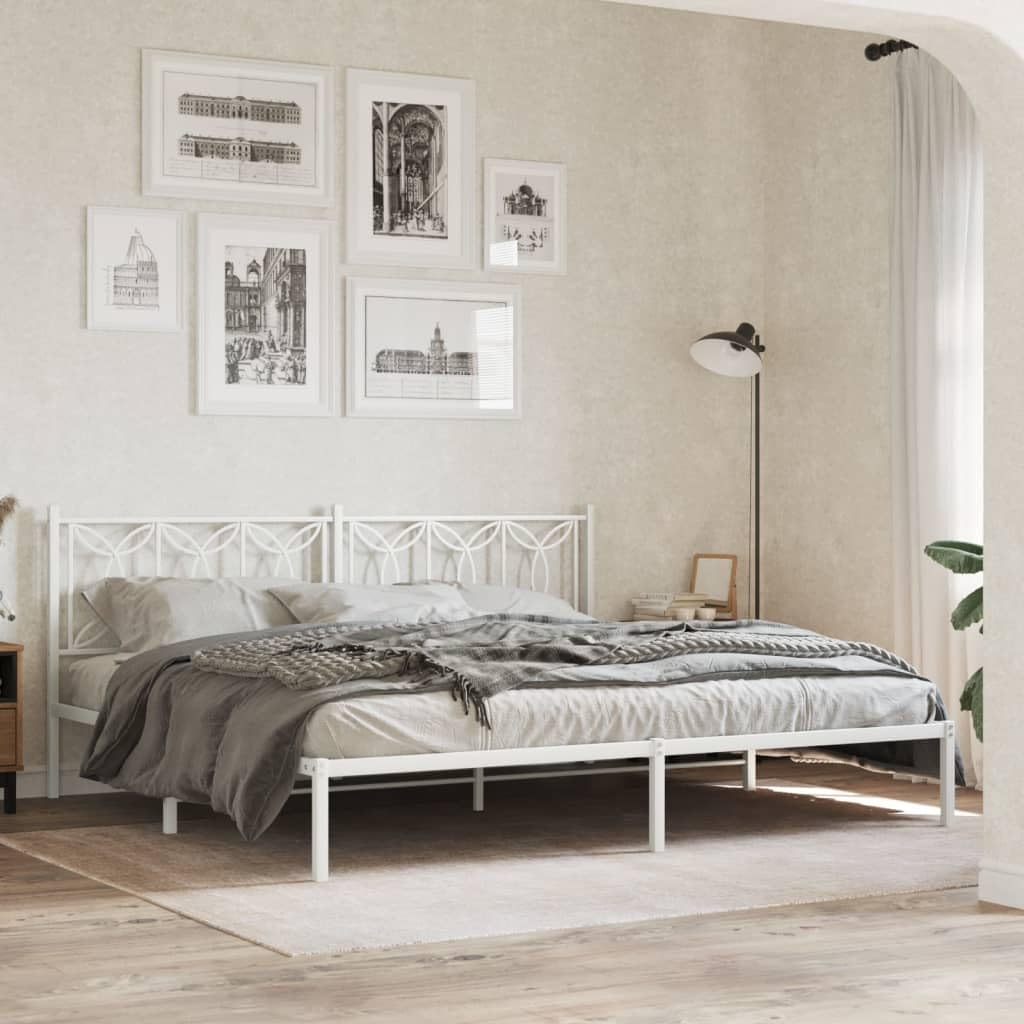 vidaXL Metal Bed Frame with Headboard - King Size White Steel Bed Frame - 76"x79.9" Modern Design with Extra Storage Space