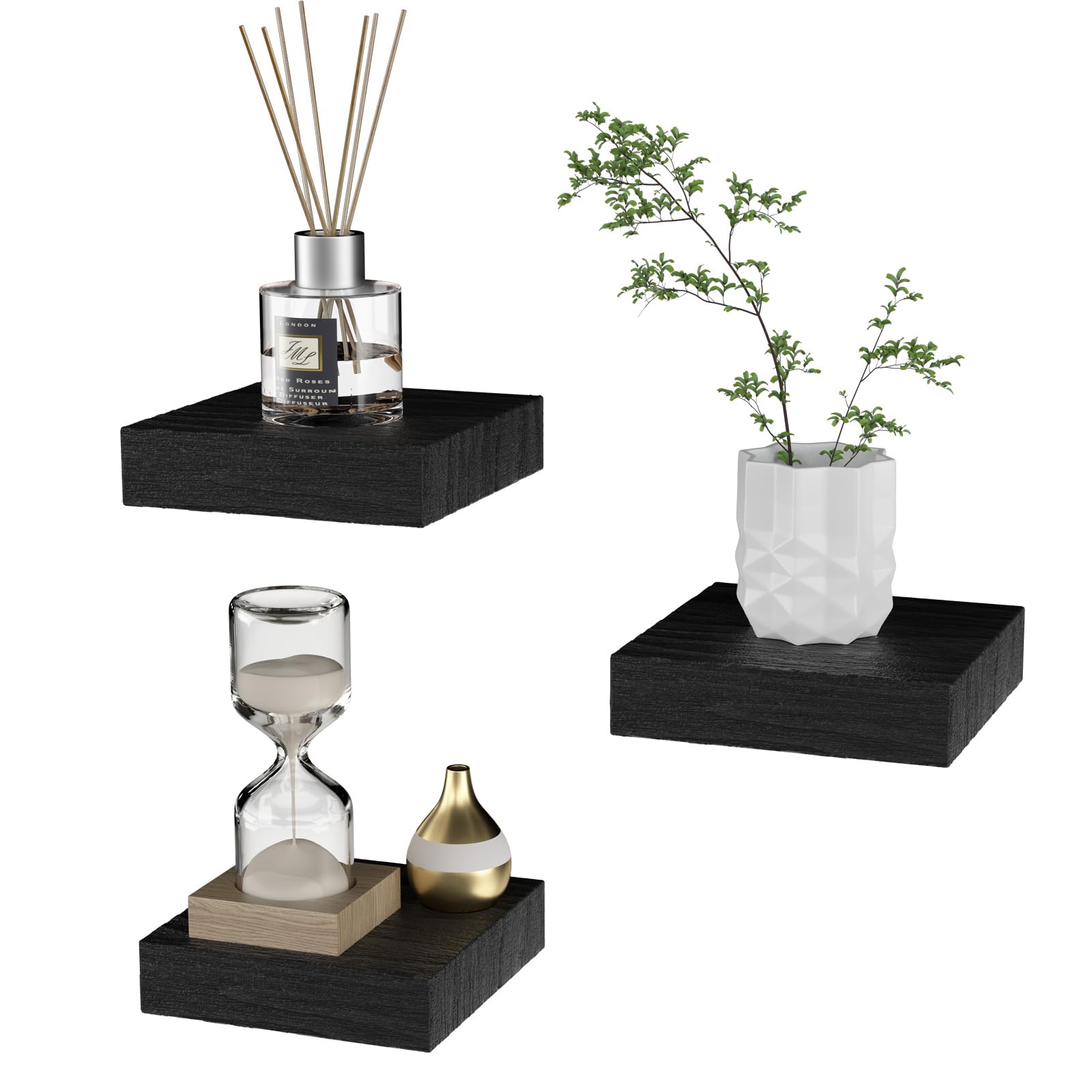 PopiShelves Small Floating Shelves for Wall - 4 Inch Mini Square Black Shelves for Bedroom, Living Room, Bathroom, Kitchen, Offi