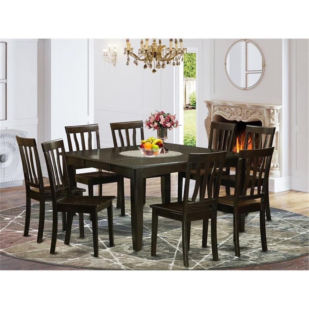 East West Furniture PFAN9-CAP-W 9 Piece Dining Room Table Set Includes a Square Kitchen Table with Butterfly Leaf and 8 Dining Chairs, 54x54 Inch, Cappuccino