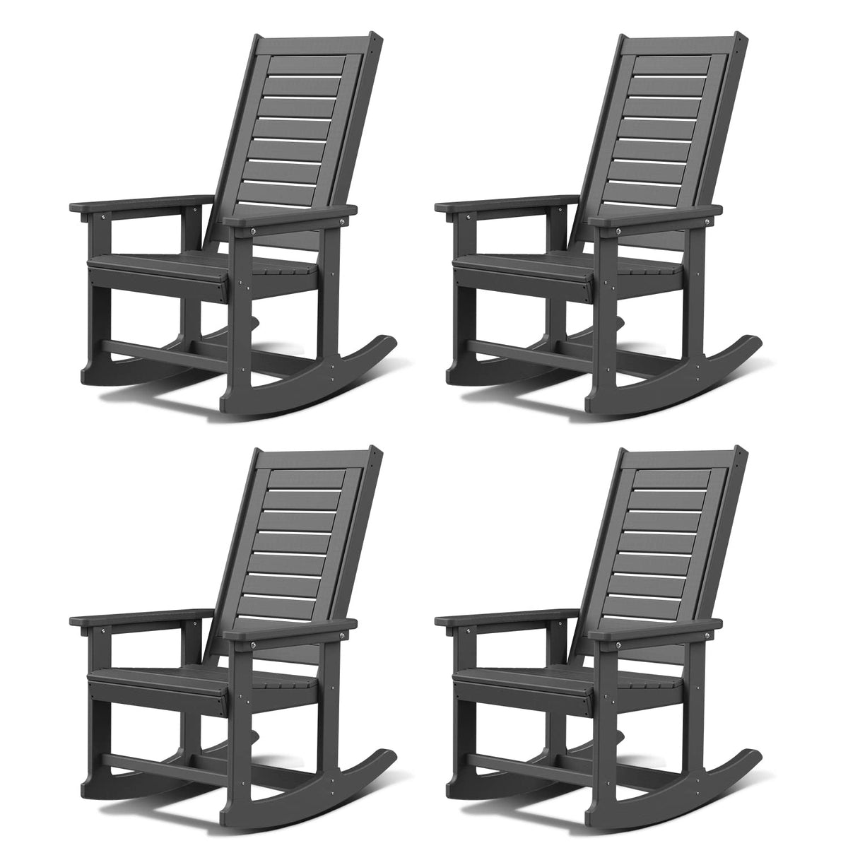 Greenvines Outdoor Rocking Chairs | Set Of 4 | Porch Rocker | Hdpe Plastic | Grey | Oversized Rockers | High Back | Big & Tall | Ladder Back | For Patio Outside Backyard Balcony Garden
