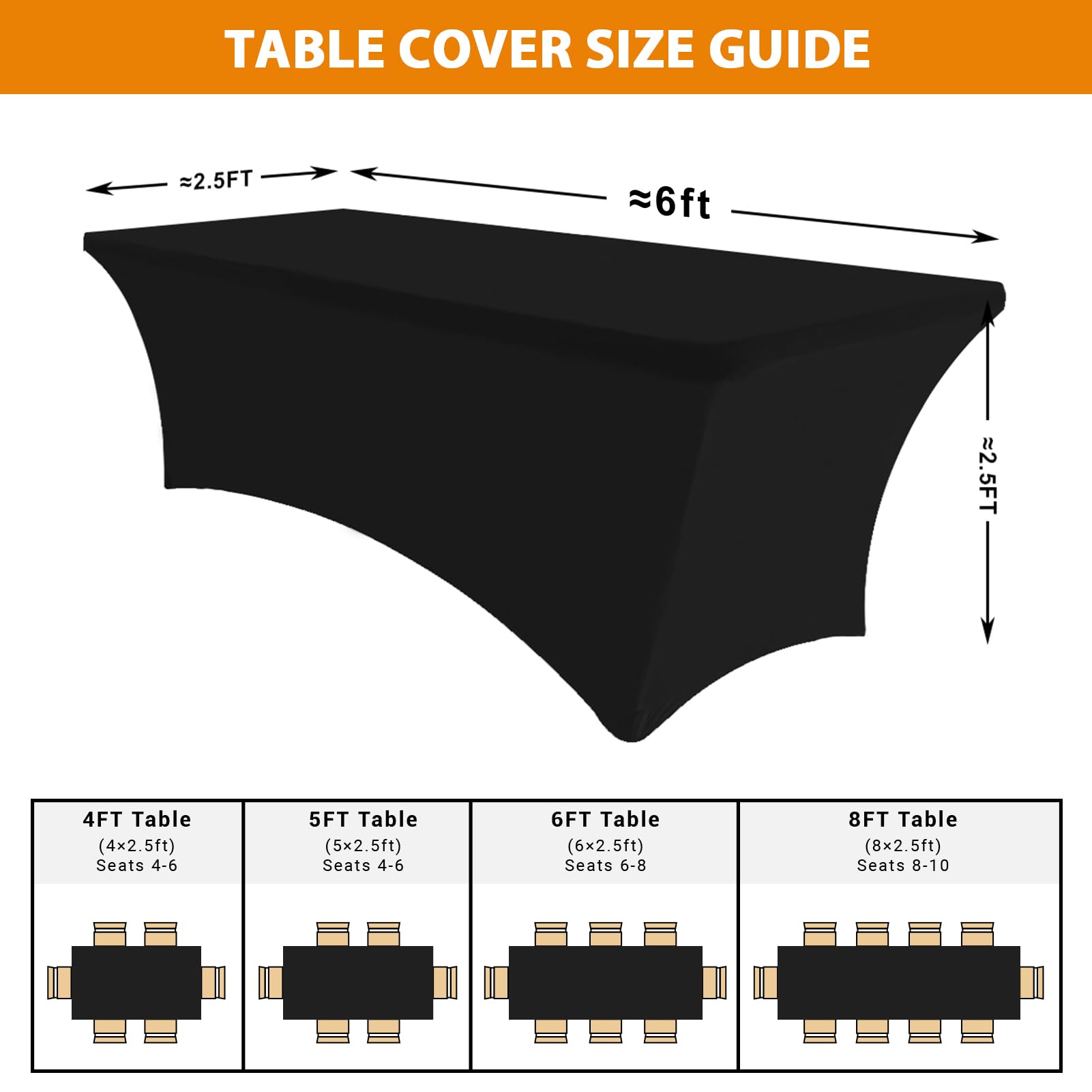 Eurmax Usa Rectangular Fitted Spandex Table Covers 6Ft Tablecloth Wedding Event Patio Table Decorations Stretch Table Cover For 6Ft Folding Table (Black,2 Pack)