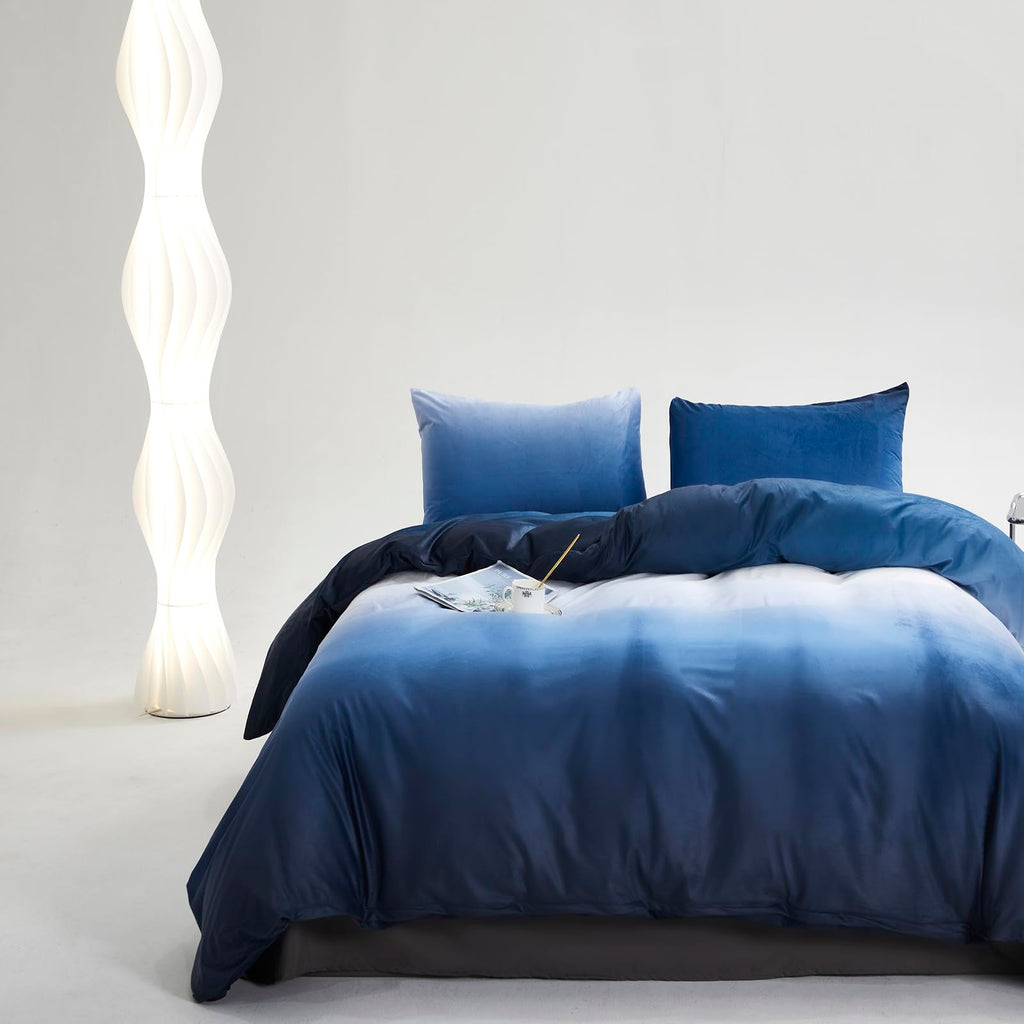 Karever Blue White Gradient Comforter Set Queen Blue Velvet Bedding Comforter Modern Plain White And Royal Blue Gradient Soft Qu