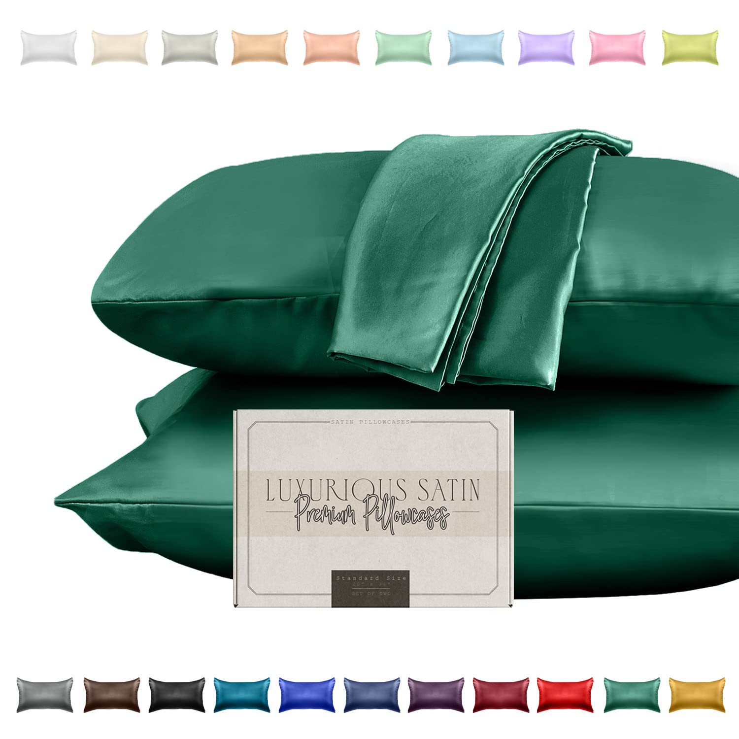 Elegant Comfort Silky And Luxurious 2-Piece Satin Pillowcase Set For Healthier Skin And Hair, Hidden Zipper Closure And Beautifully Packaged, Satin Pillowcase Set, Standard/Queen, Hunter Green