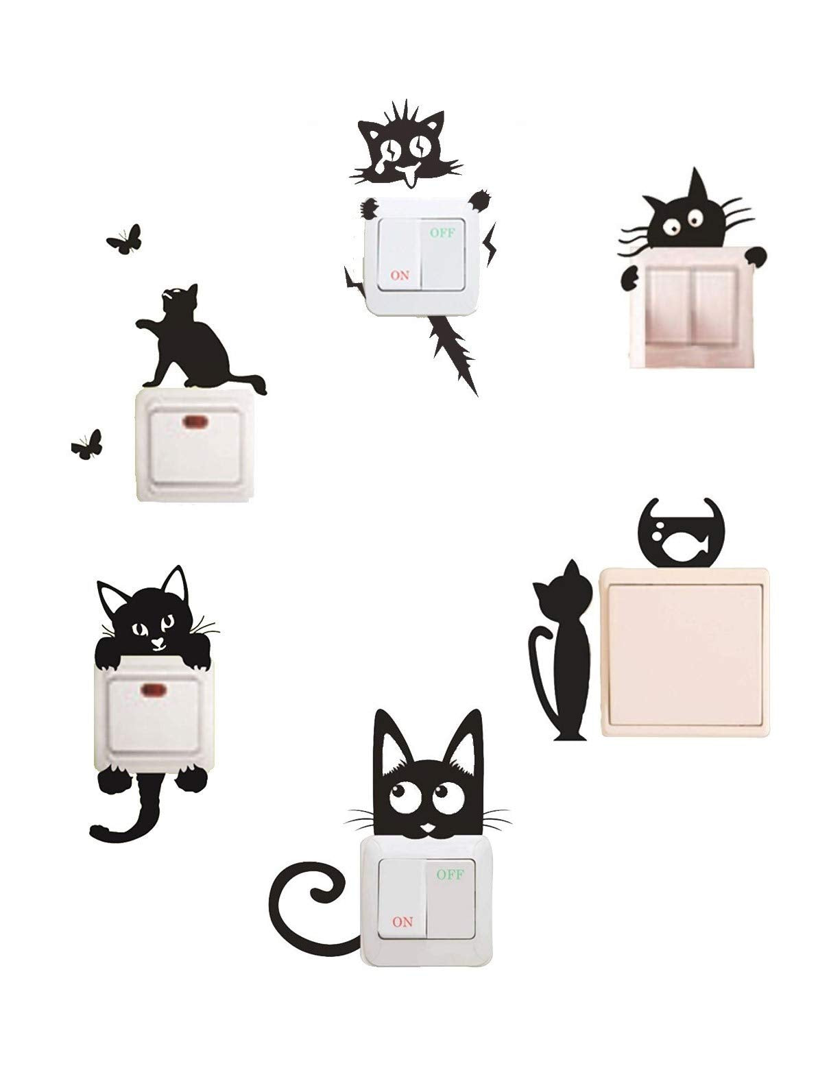 Removable Switch Sticker, 6 Pcs Cute Black Cats Cartoon Wall Sticker, Light Switch Decor Decals, Family DIY Decor Art Stickers H