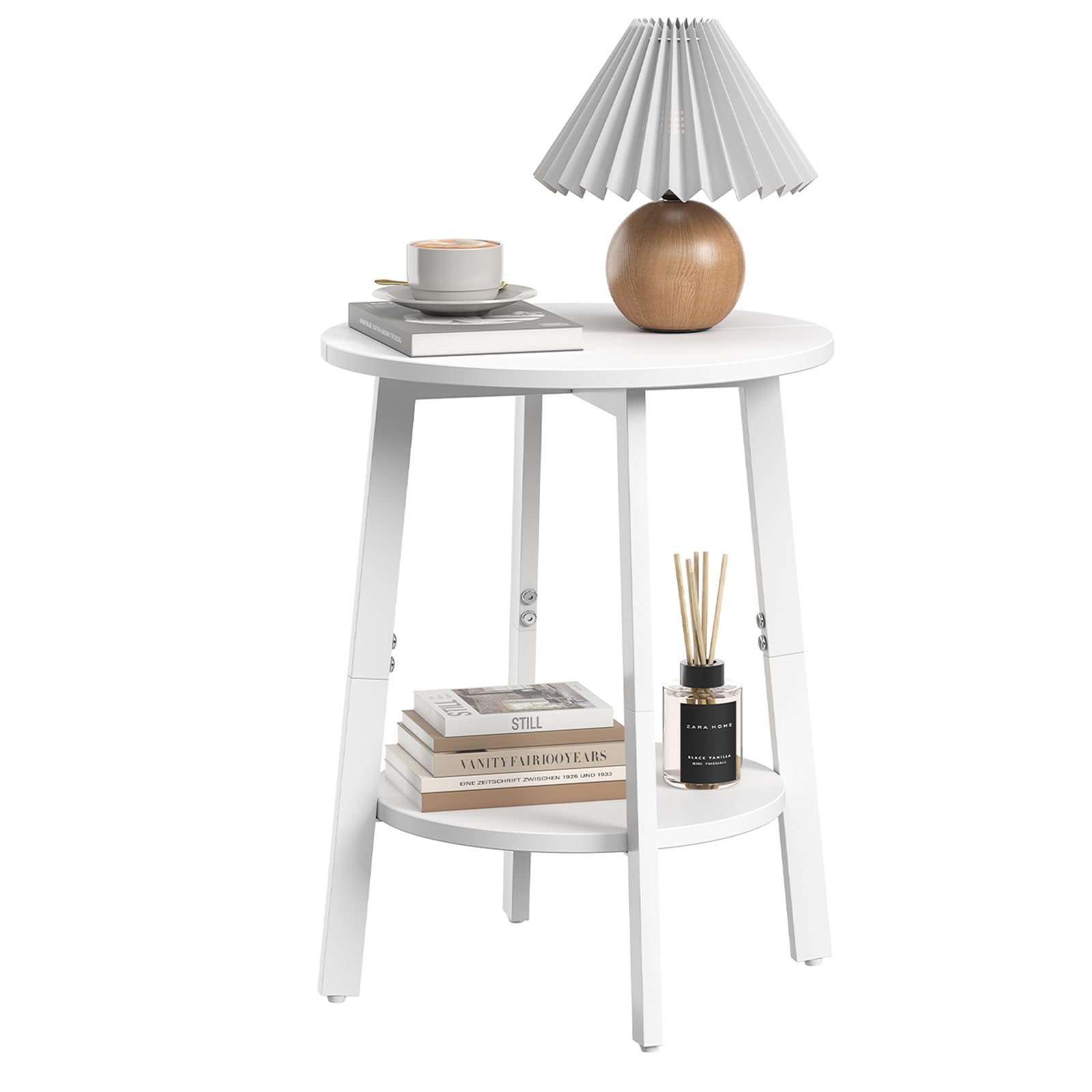sthmec Side Table, Small Round End Table with Storage Shelf for Small Space, 2-Tier Small Bedside Table Sofa Couch Table, Round 