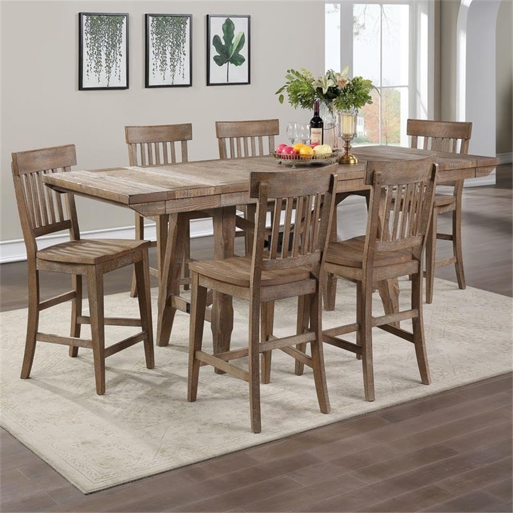 Steve Silver Furniture Riverdale Counter Height 7pc Counter Table Set, 72"-96" Rectangular Table w/Two 12" Leaves, 6 Wooden Counter Side Chairs, Dining Room, 72" L x 36" W x 36" H, Brown