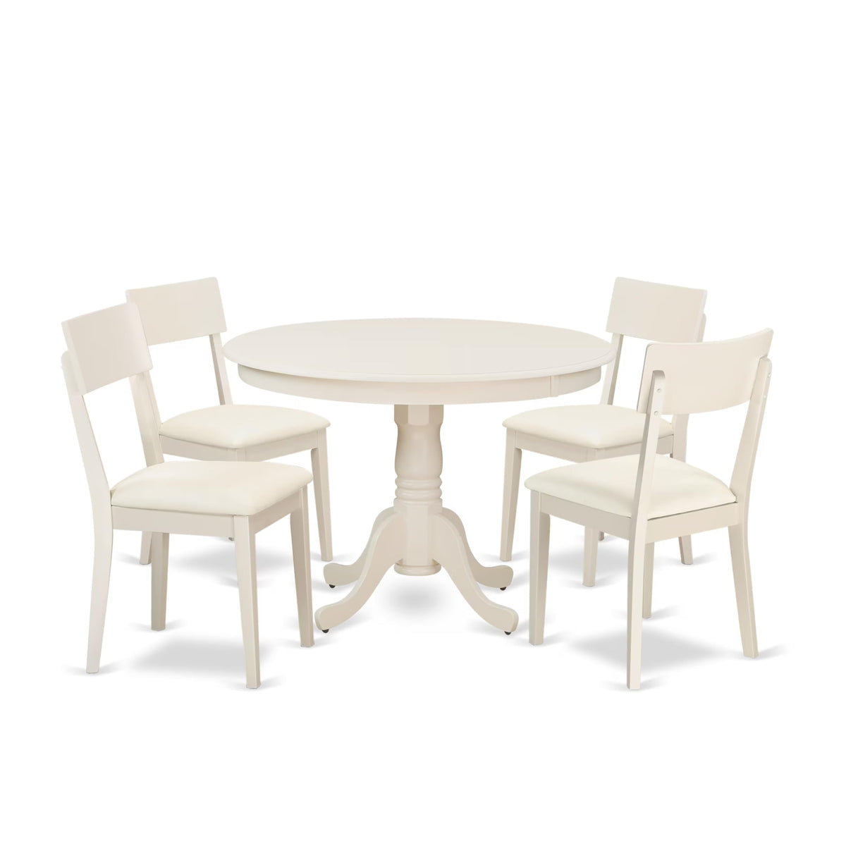East West Furniture HLAD5-LWH-LC 5 Piece Dinette Set for 4 Includes a Round Dining Table with Pedestal and 4 Faux Leather Dining Room Chairs, 42x42 Inch, Linen White