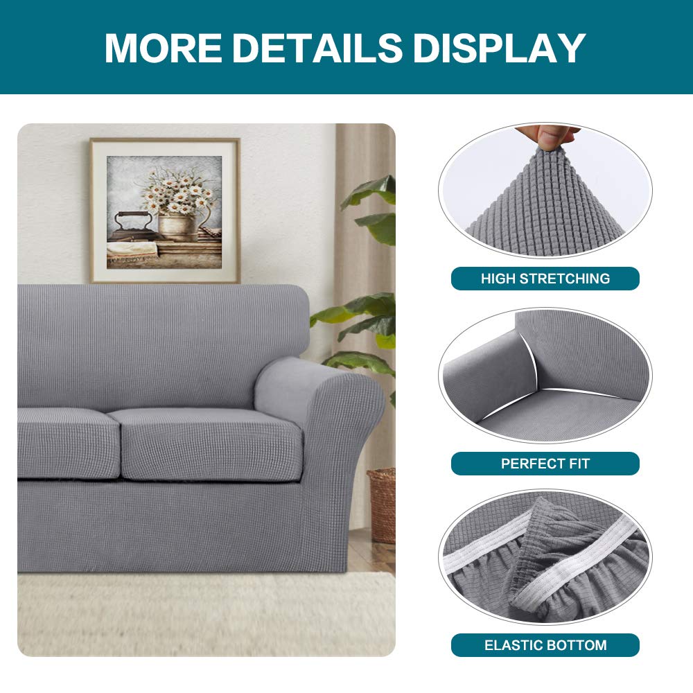 Turquoize 3 Piece Sofa Covers For 2 Cushion Couch Sofa Slipcover Soft Couch Cover For Dogs-Washable Sofa Furniture Covers With 2 Individual Cushion Covers, Thick Jacquard Fabric (Loveseat, Dove)