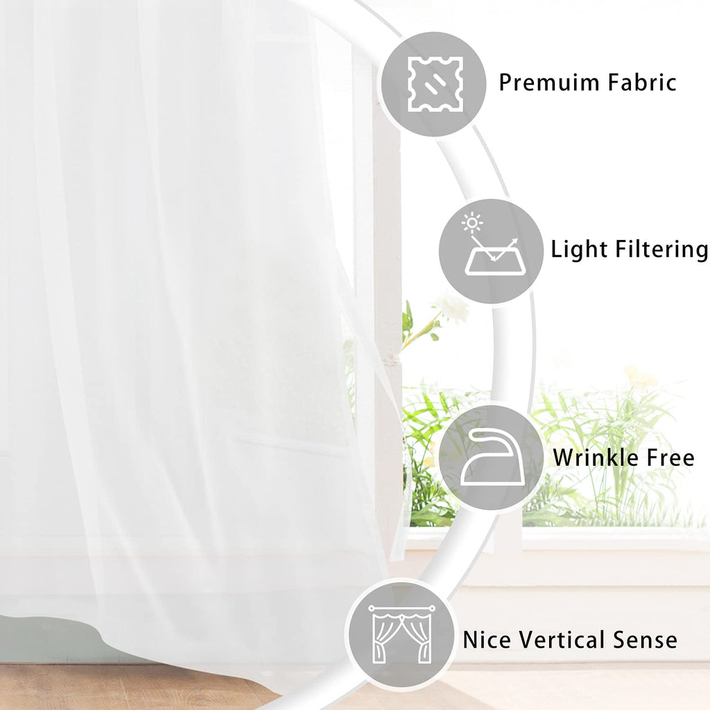 Hiasan Sheer Curtains 63 Inch Length With Tiebacks, Light Filtering Airy Breathable Grommet Voile Window Curtains For Living Room, Bedroom, Kids' Room, Off White, W52 X L63, Set Of 2 Drape Panels