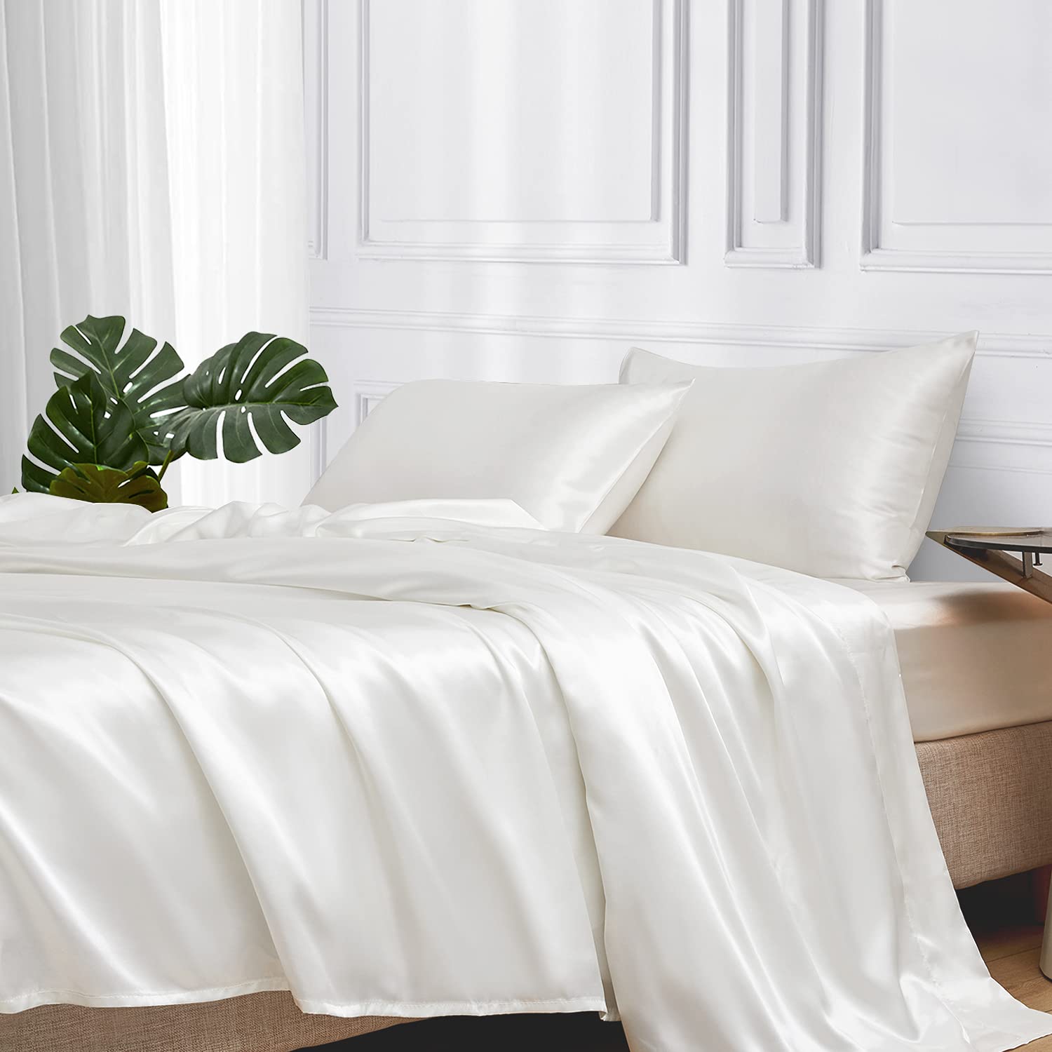 Mr&Hm Satin Bed Sheets, Full Size Sheets Set, 4 Pcs Silky Bedding Set With 15 Inches Deep Pocket For Mattress (Full, Ivory)