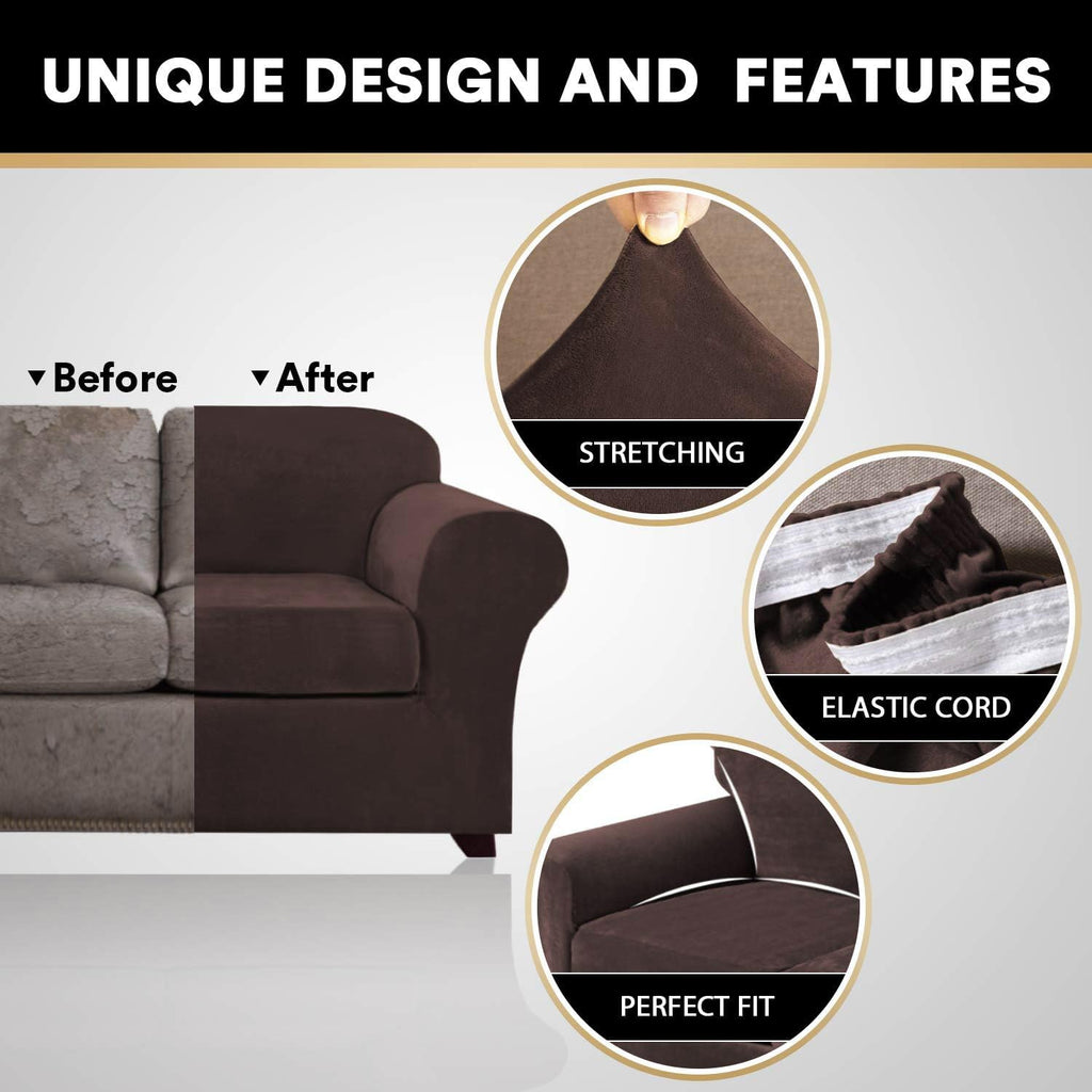 4 Pieces Sofa Covers Stretch Velvet Couch Covers For 3 Cushion Sofa Slipcovers Soft Sofa Slip Covers Furniture Covers With 3 Individual Seat Cushion Covers, Machine Washable (X-Large, Brown)