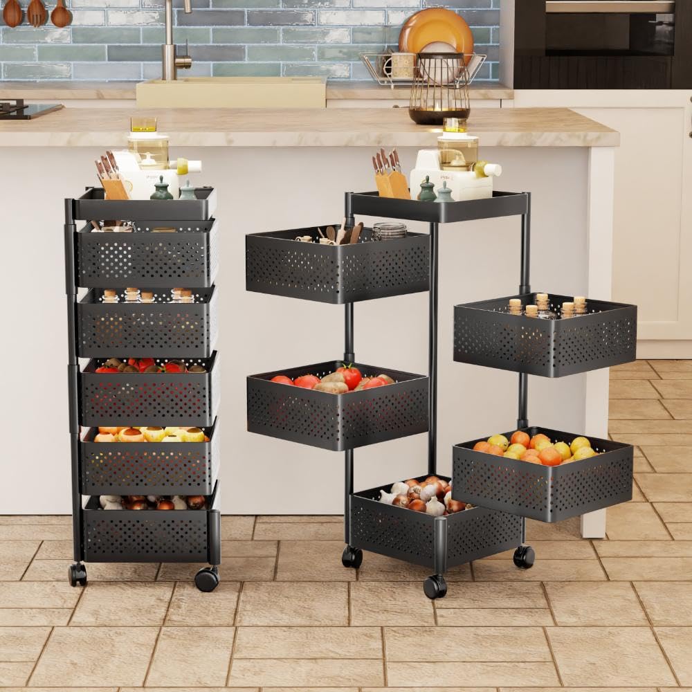 Nexanest Multipurpose Kitchen Storage Trolley With Wheels, 5 Tier Rolling Utility Cart, Metal Fruit & Vegetable Basket Organizer