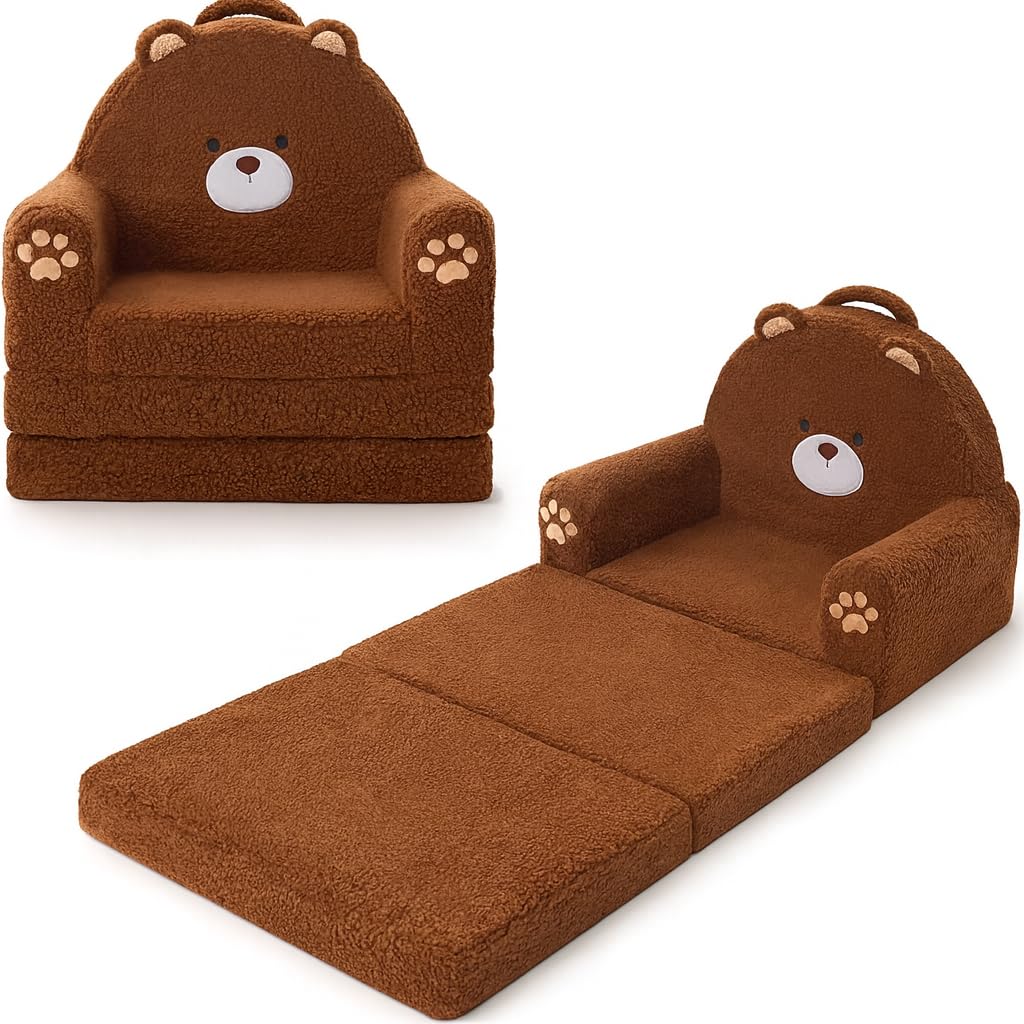 MOONBEEKI 2-in-1 Foldable Toddler Couch, Soft Sherpa Fabric with Washable Cover, Convertible Sofa to Lounger, Kids Sofa for Play