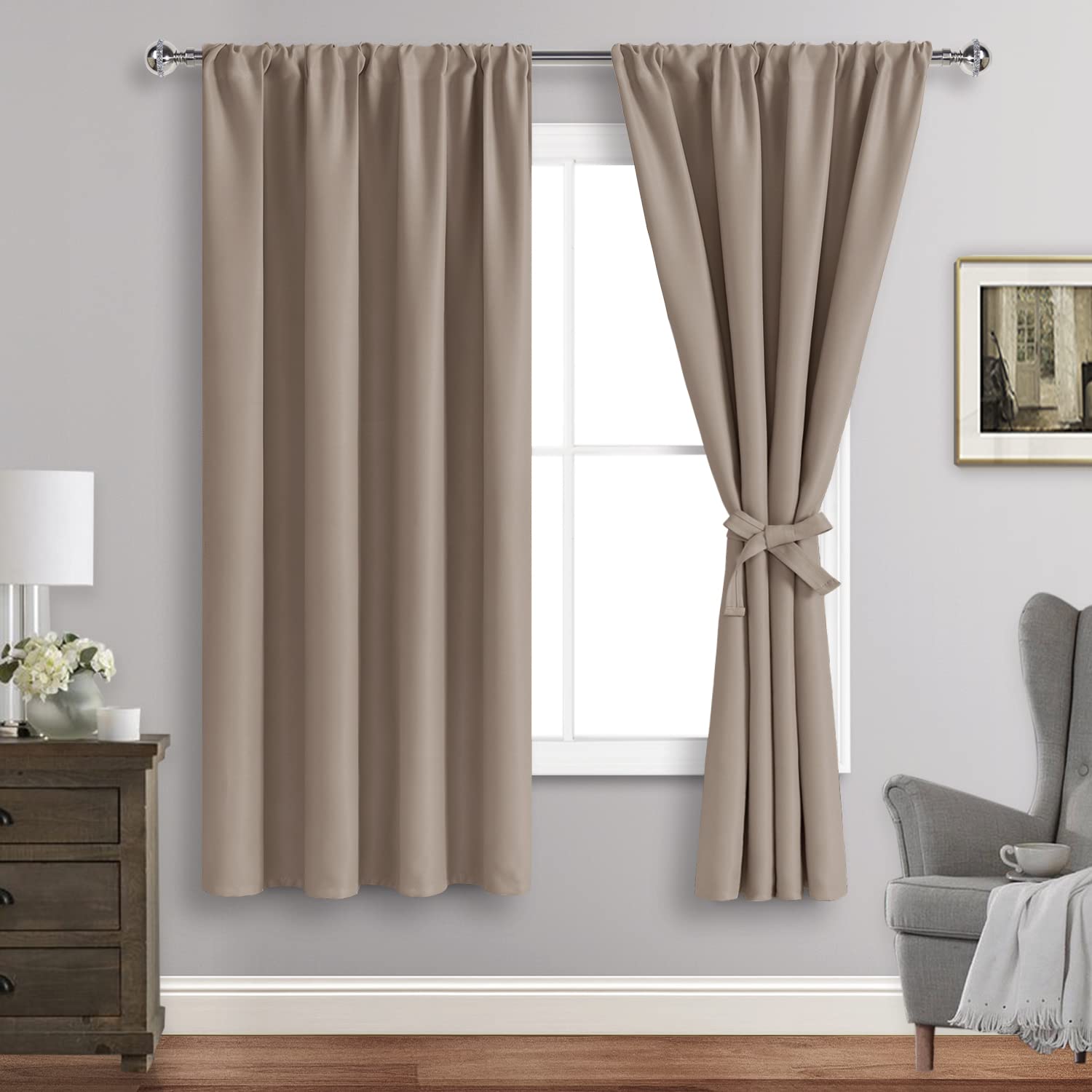 Jiuzhen Blackout Curtains For Bedroom - Thermal Insulated Room Darkening Rod Pocket Curtains For Living Room, Set Of 2 Panels With Tiebacks, 38 X 63 Inch Length, Camel