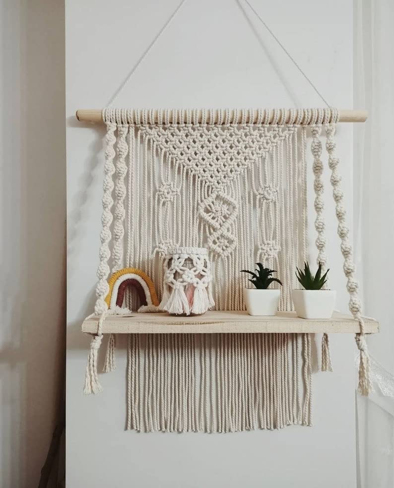 Aain Macrame Wall Shelf Hangers Cotton Rope Natural Pine Wood Modern Boho Decor Shelf |Wsh170