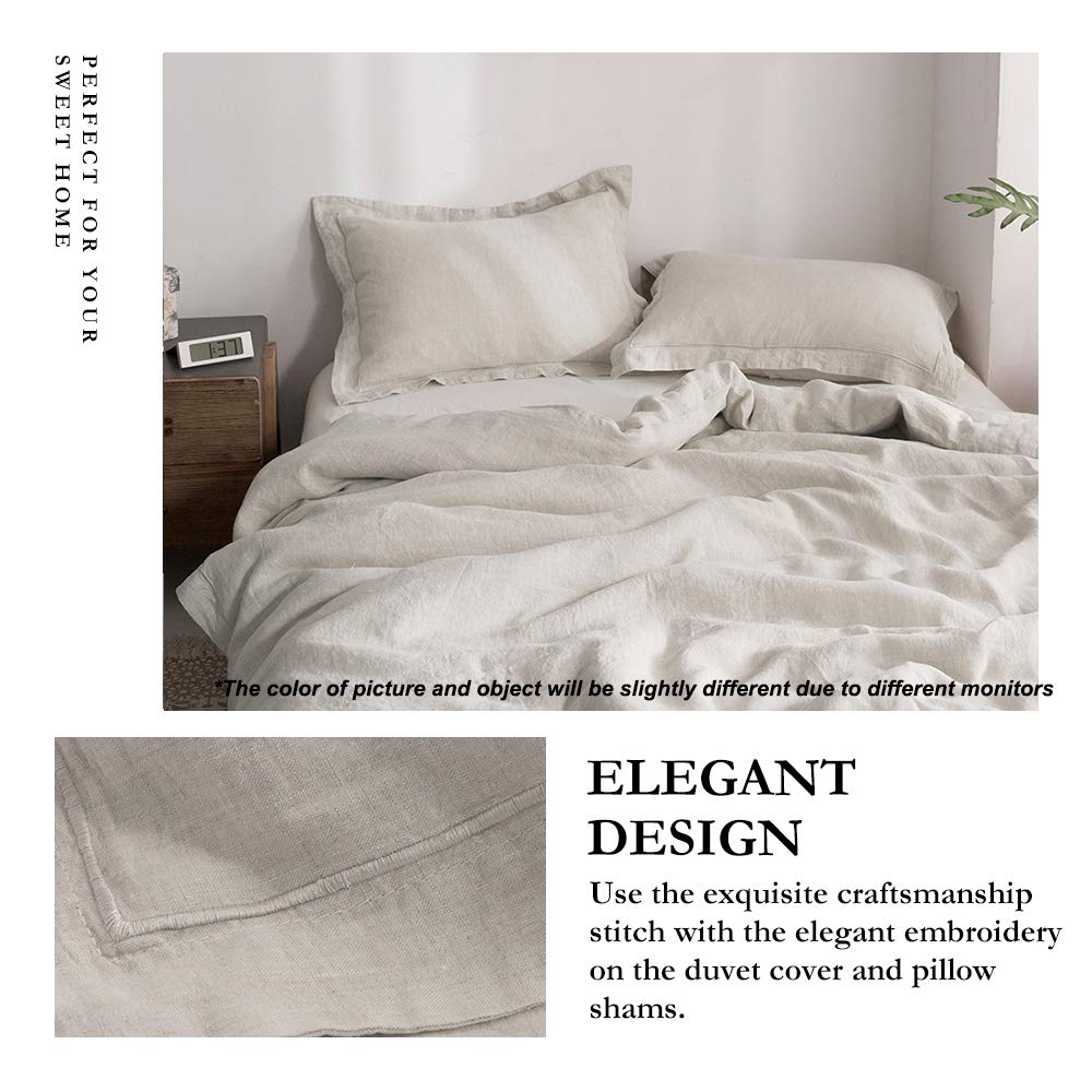 Simple&Opulence 100% Linen Duvet Cover Set With Embroidery Border Washed - 2 Pieces (1 Duvet Cover & 1 Pillow Sham) With Button Closure Soft Breathable Farmhouse - Linen, Twin Size