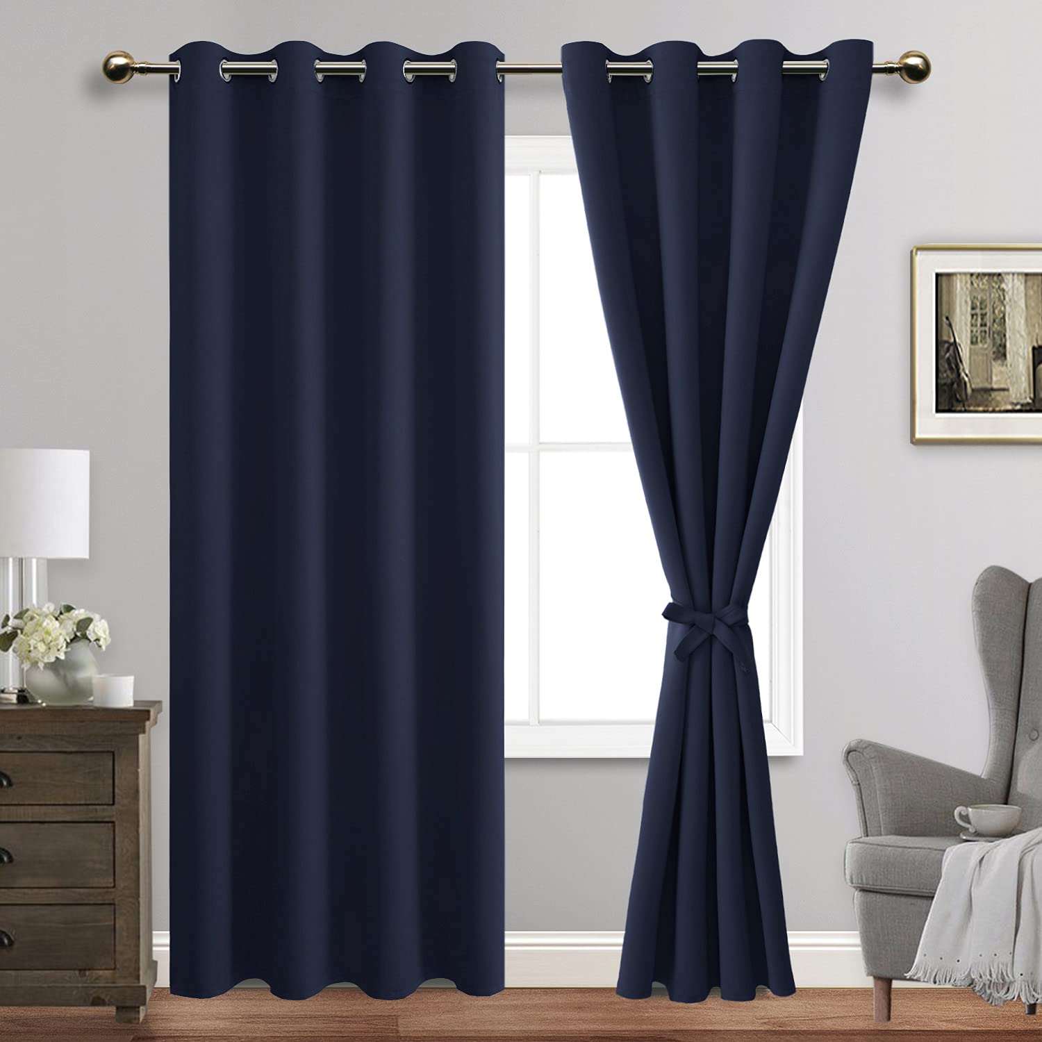 Jiuzhen Navy Blackout Curtains With Tiebacks-Thermal Insulated, Light Blocking/Noise Reducing Grommet Curtain Drapes For Bedroom/Living Room, Set Of 2 Window Curtain Panels, 52 X 84 Inch Length