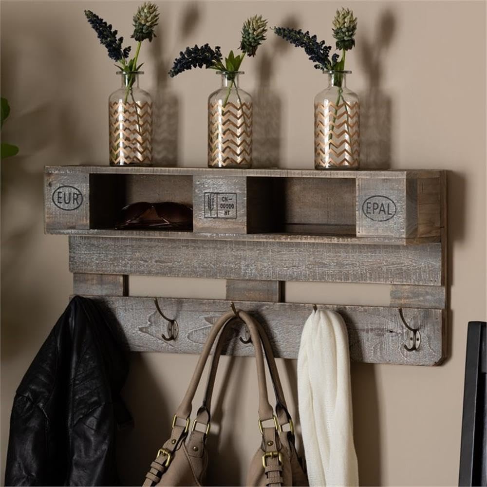 Wholesale Interiors Baxton Studio Ferguson Grey Oak Finished Wood Mounted Coat Rack with Shelves