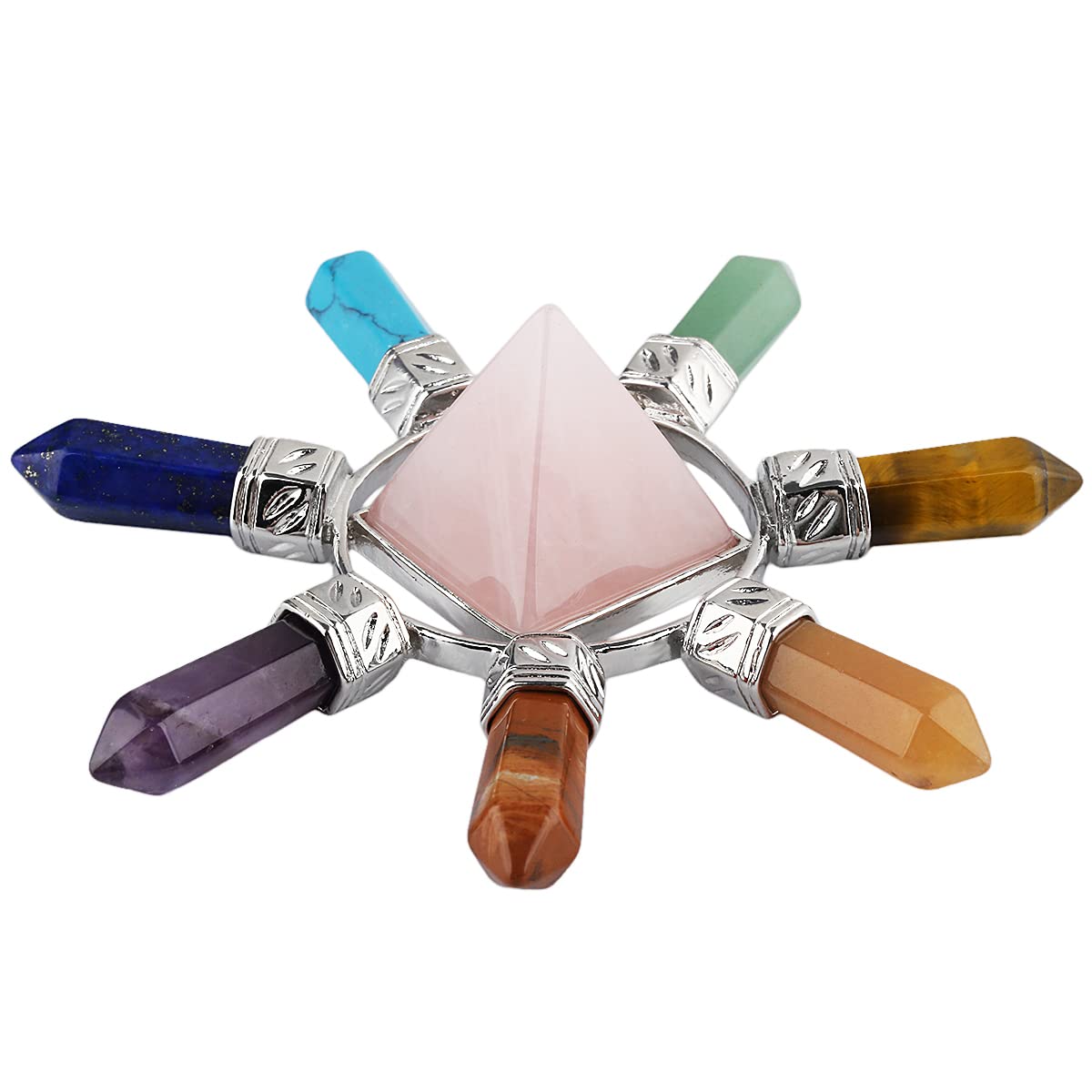 Rockcloud Pyramid & 7 Chakra Points Energy Generator,Reiki Healing Crystal Stone,Rose Quartz