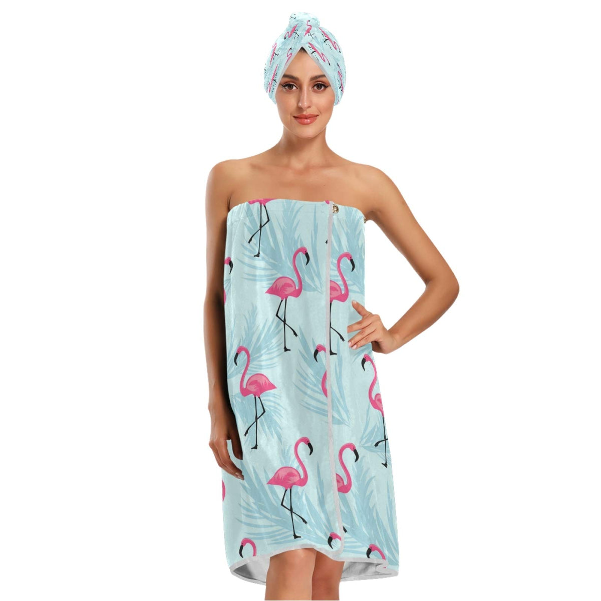 Attx Flamingo Blue Leaf Towel Wrap With Dry Hair Cap & Headband For Women  Womens Comfortable Shower & Bath Wrap With Adjustabl