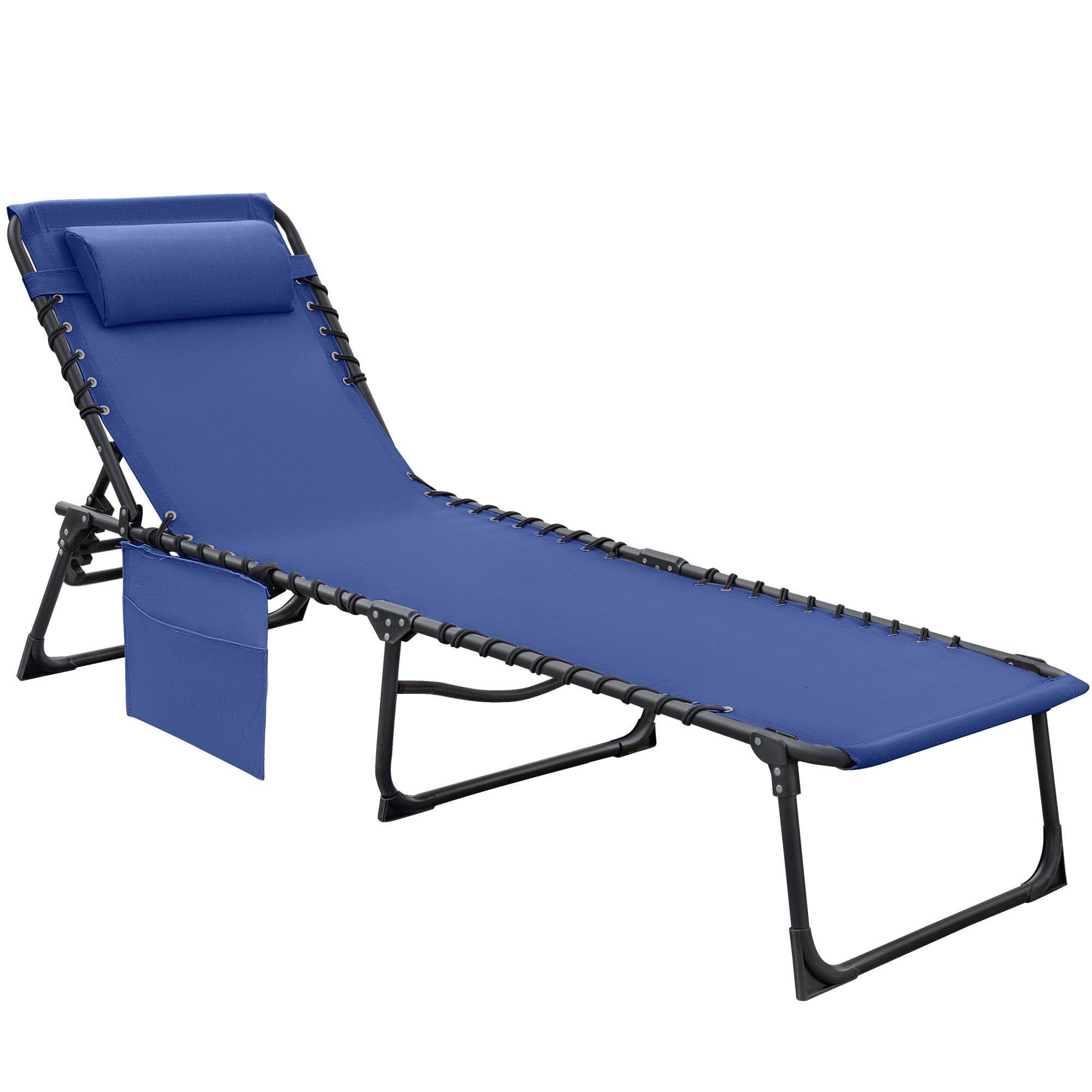 Flamaker Foldable Chaise Lounge Chair 5-Position Adjustable, Tanning Chair With Side Pocket, Outdoor Sunbathing For Pool, Beach, Patio, Lawn, Indoor Recliner Chair For Napping(Blue, 1 Pcs)