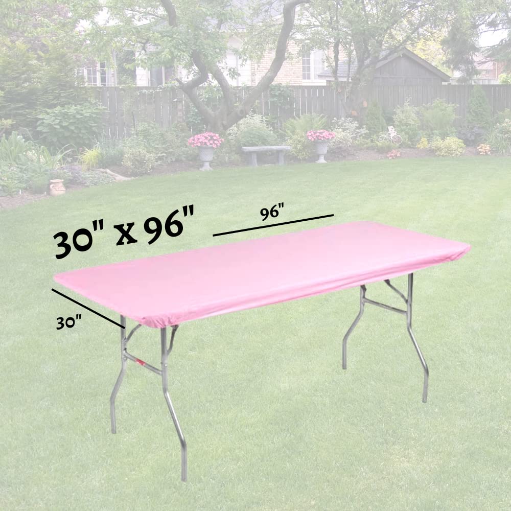 Kwik-Covers 5 Pack Of Rectangular Plastic Table Covers Bundle - 70 Paper Napkins Included - For 6' Foot Or 8' Foot Tables - (Table Not Included) (Pink, 30' X 96' (8' Foot Table))