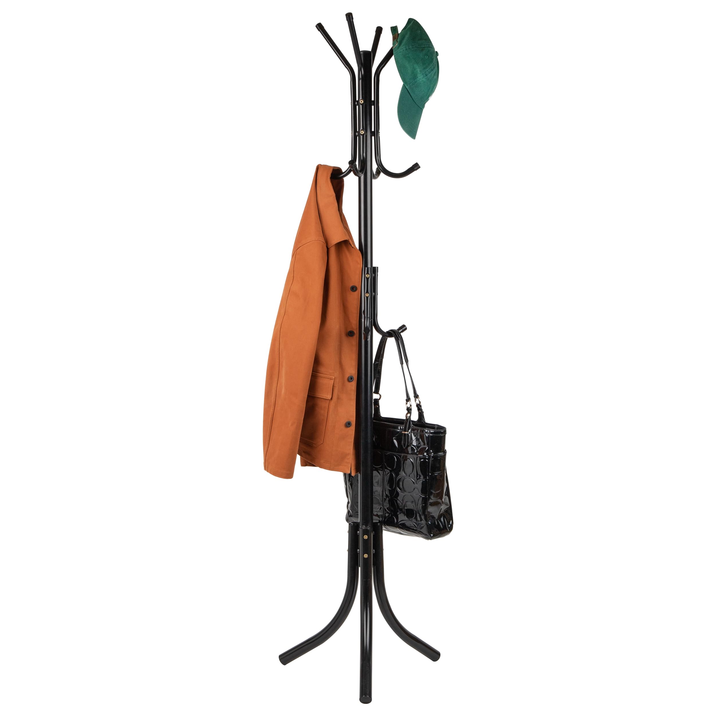 Mind Reader Coat Rack, Hall Tree, Freestanding Organizer, Coat Tree, Hat, Jacket, Purse, Metal, 18L x 18W x 68.5H, Black
