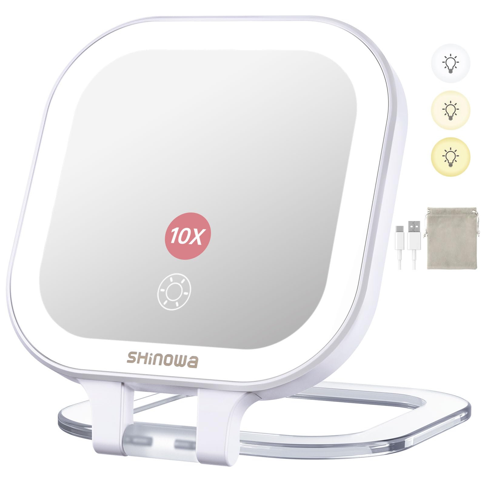 Shinowa Rechargeable Travel Makeup Mirror with 44 LED Lights, 1X/10X Magnifying Vanity Mirror with 3 Color Light, Folding Stand,