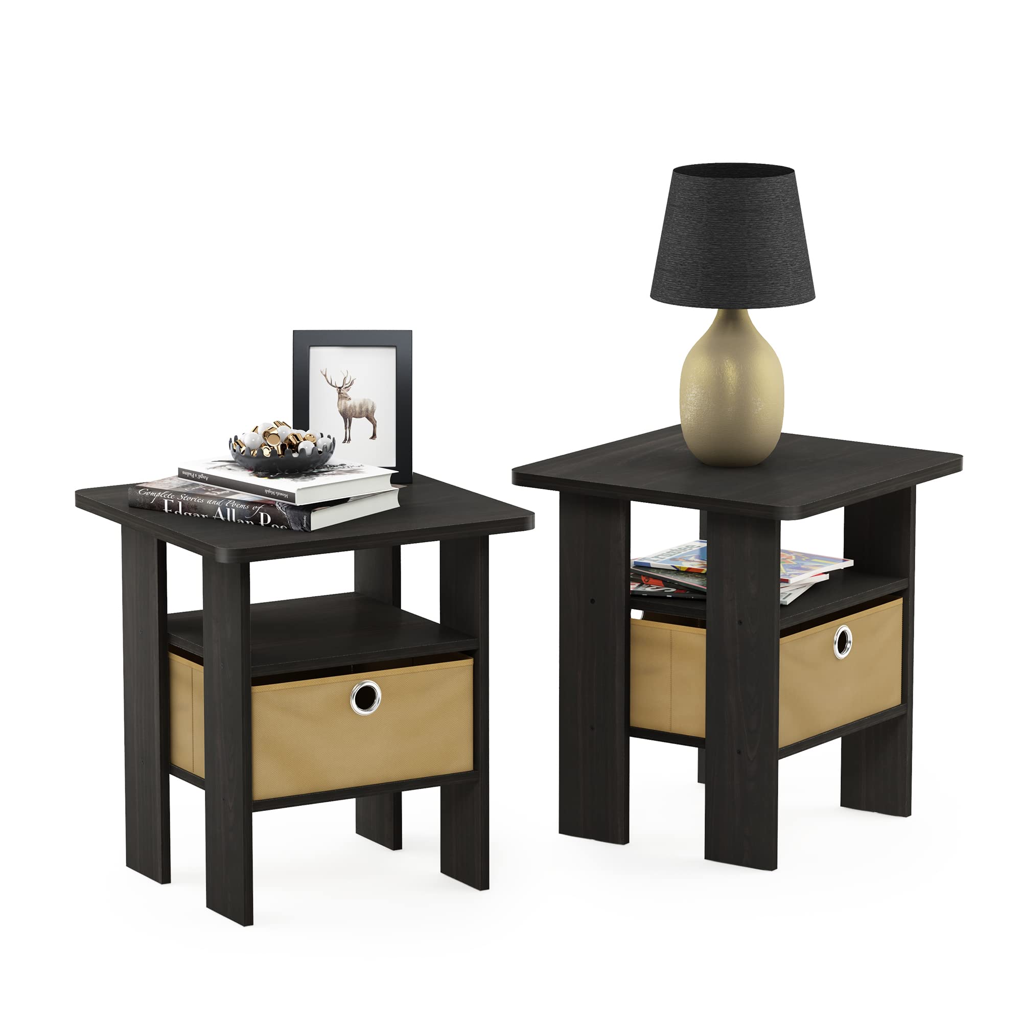 Furinno Andrey Set of 2 End / Side Table / Night Stand / Bedside Table with Bin Drawer, Espresso