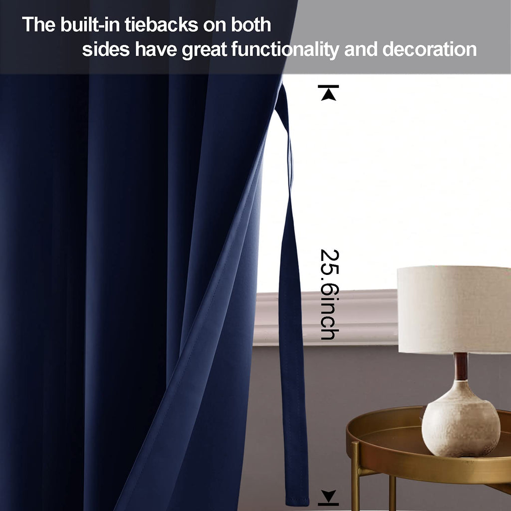 Jiuzhen Blackout Curtains With Tiebacks - Thermal Insulated, Light Blocking And Noise Reducing Grommet Curtain Drapes For Bedroom And Living Room, Set Of 2 Panels, 42 X 54 Inch Length, Navy Blue
