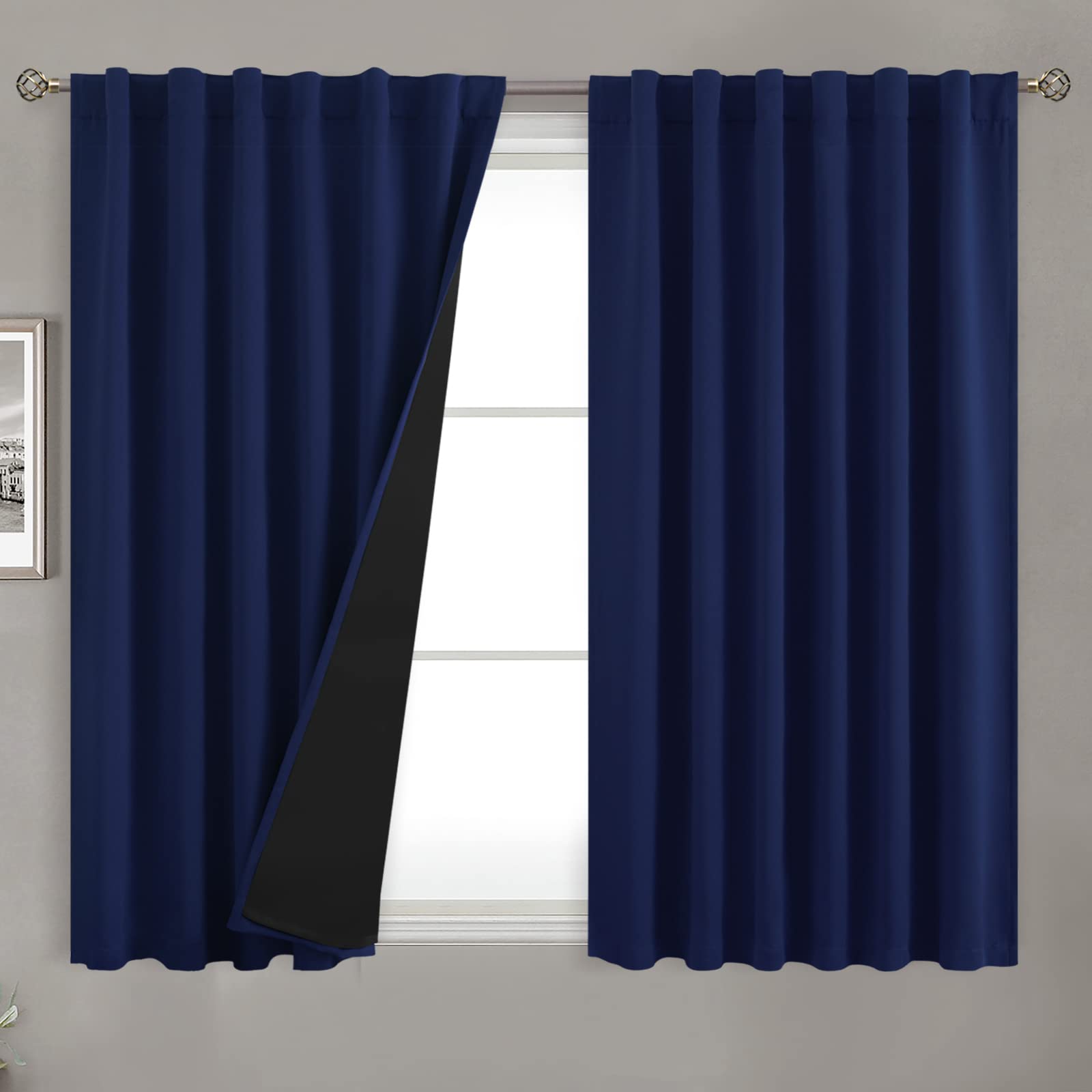 Bgment Navy Blue 100% Blackout Curtains 45 Inches Long With Black Liner, Rod Pocket And Back Tab Double Layer Full Room Darkening Thermal Window Curtains For Bedroom, 2 Panels, Each 52 X 45 Inch