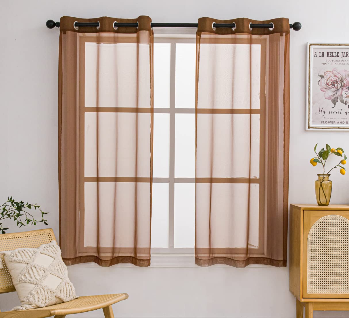 Pi Short Sheer Curtains 45 Inches Long With Grommet,Light Filter Sheer Window Curtain For Café/Kitchen 2 Panels (W52 X L45, Brown)